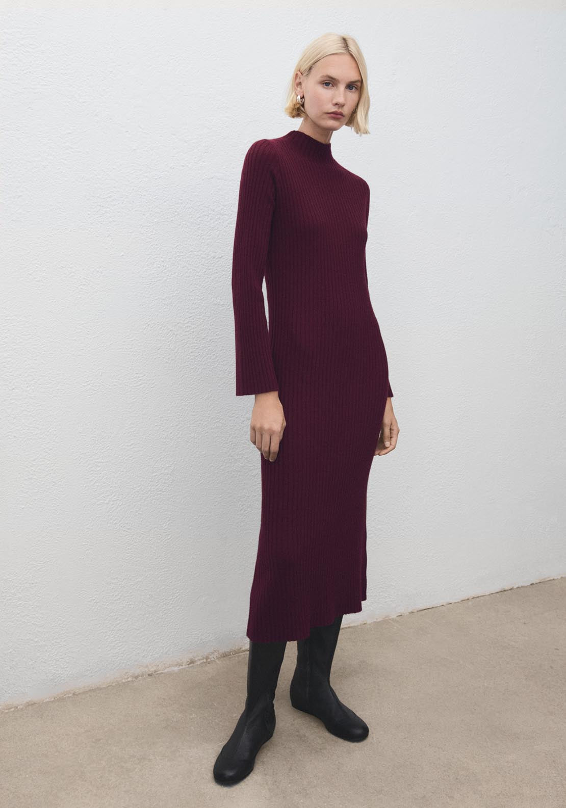 Perkins Neck Ribbed Dress - Burgundy