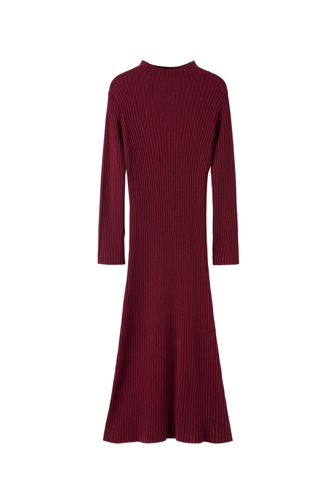 Perkins Neck Ribbed Dress - Burgundy