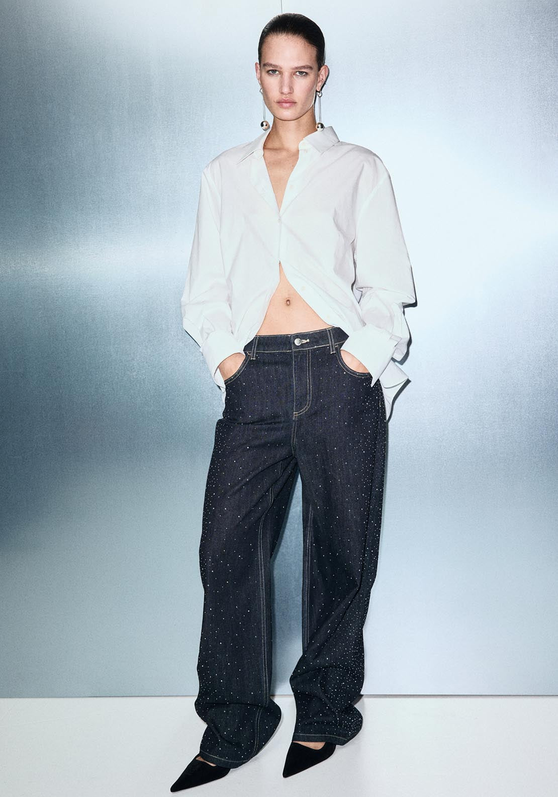 Straight Jeans With Rhinestone Detail - Blue