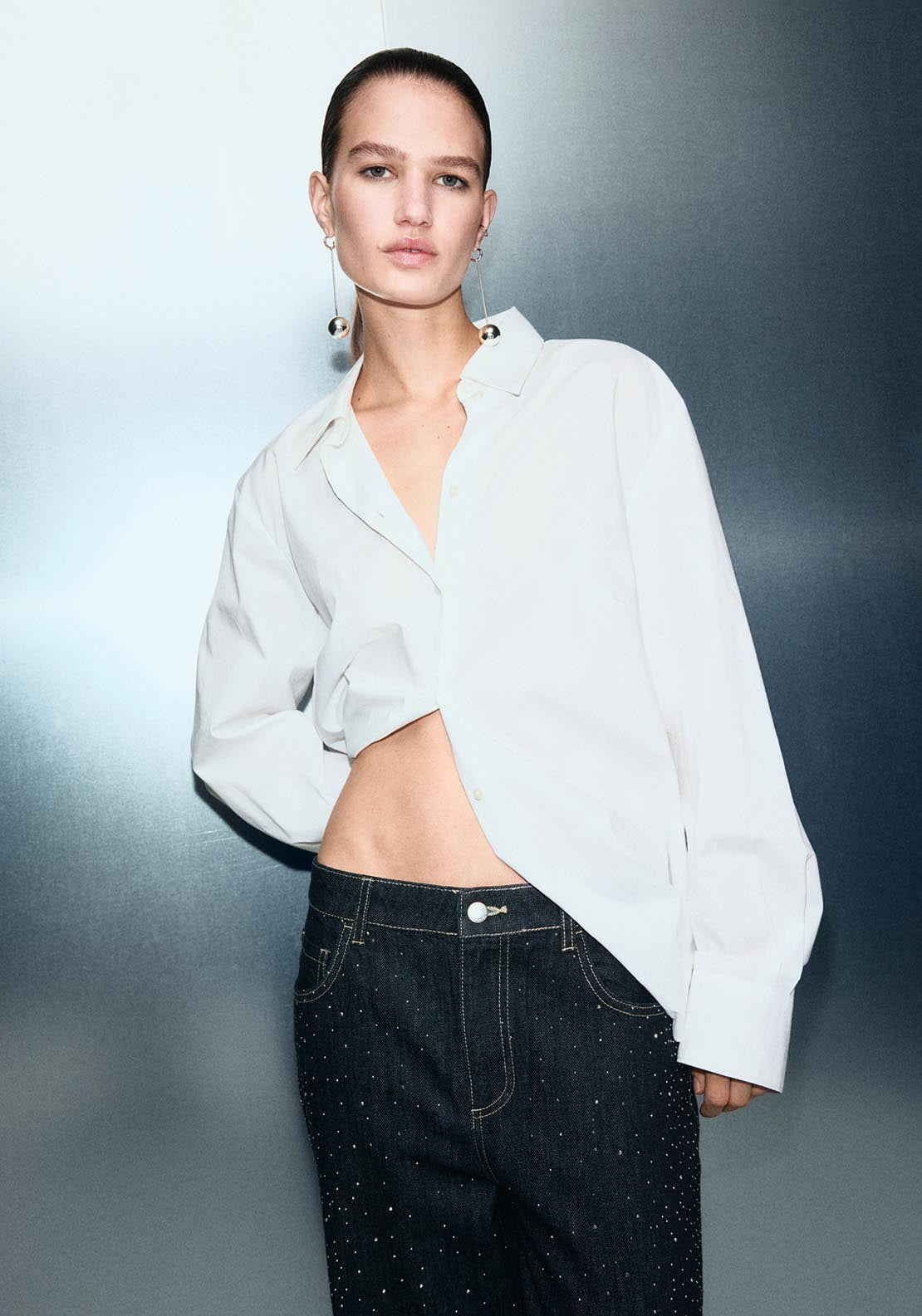 Straight Jeans With Rhinestone Detail - Blue