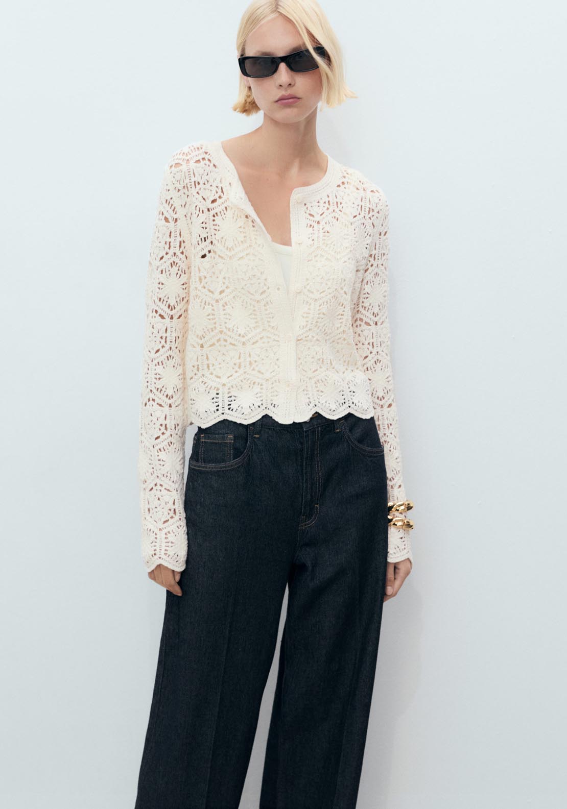 Mango Crochet Knitted Cardigan - Light Beige 3 Shaws Department Stores
