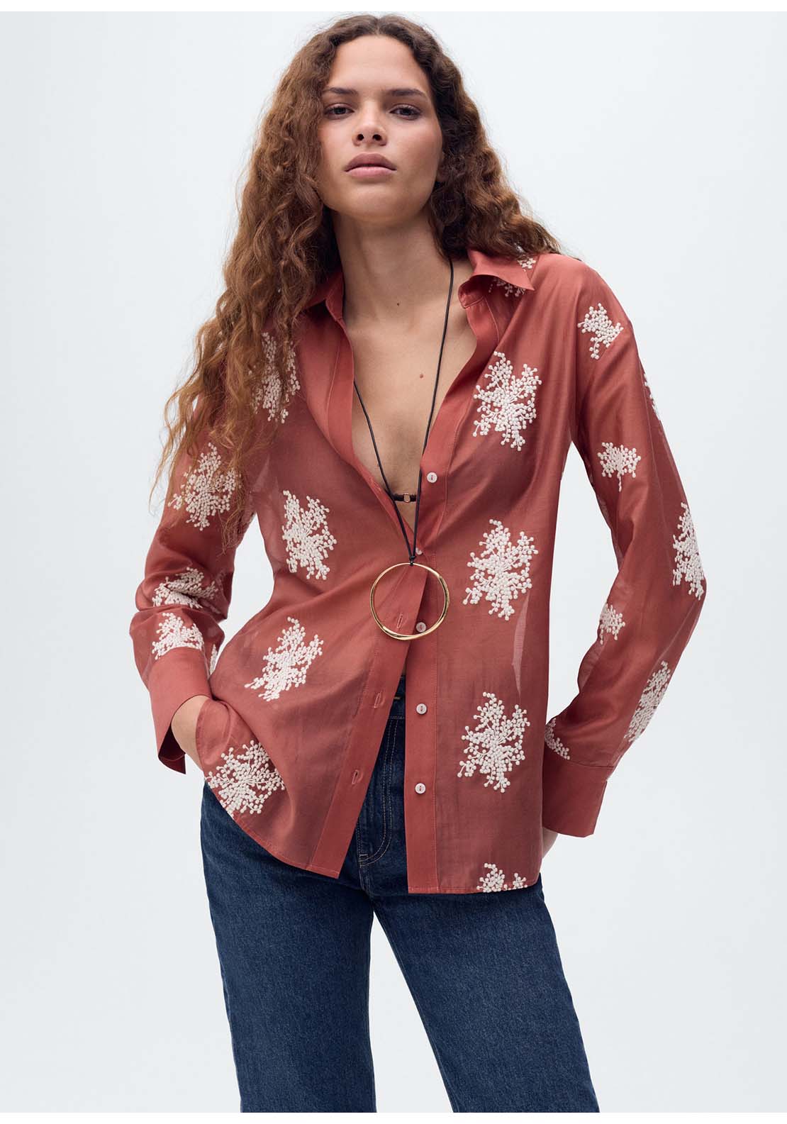 Embroidered Lyocell Shirt - Orange