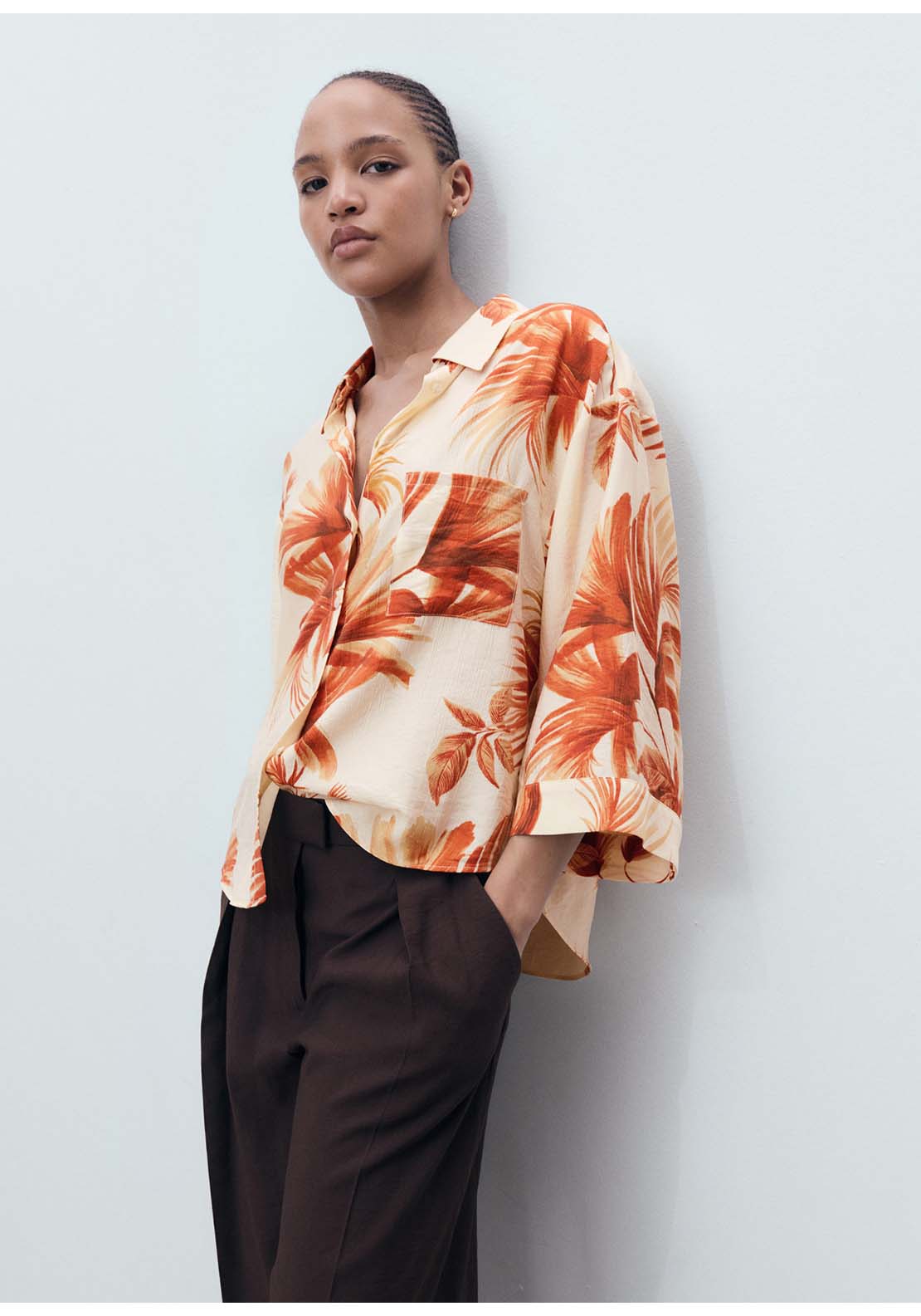 Palm Tree Shirt With Three Quarter Sleeves - Cream