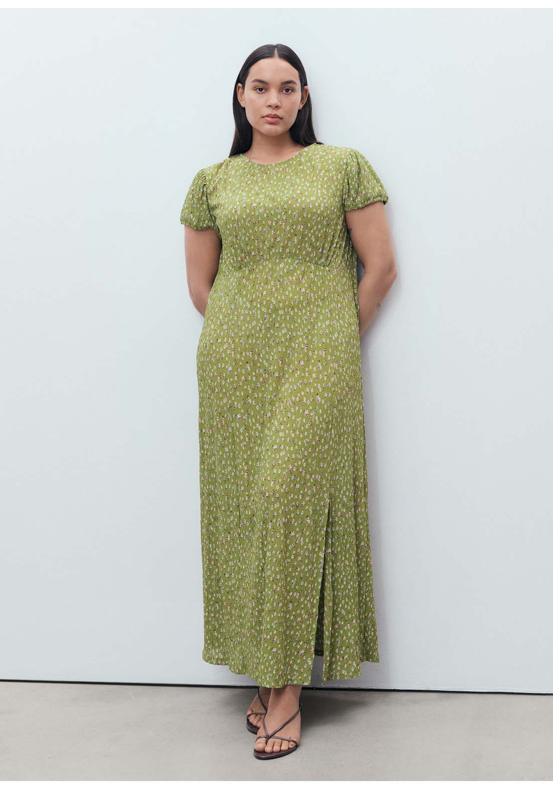 Long Floral Dress With Opening - Green