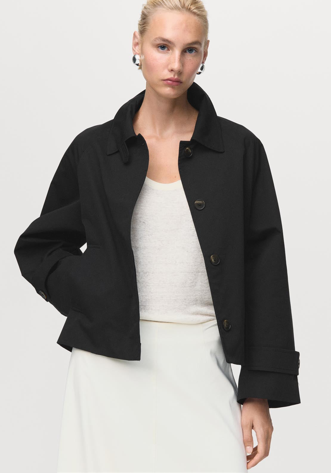 Mango Short Oversized Trench Coat With Epaulettes - Black 1 Shaws Department Stores