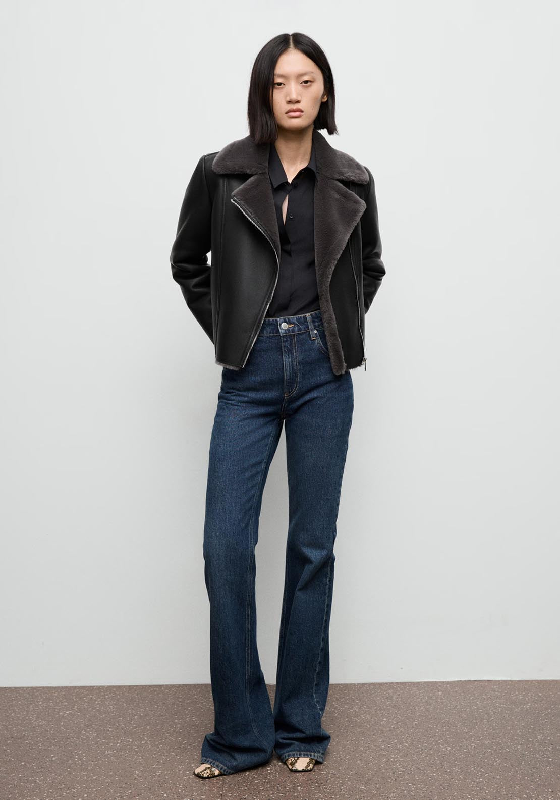 Mango Fur Effect Biker Jacket - Black 1 Shaws Department Stores