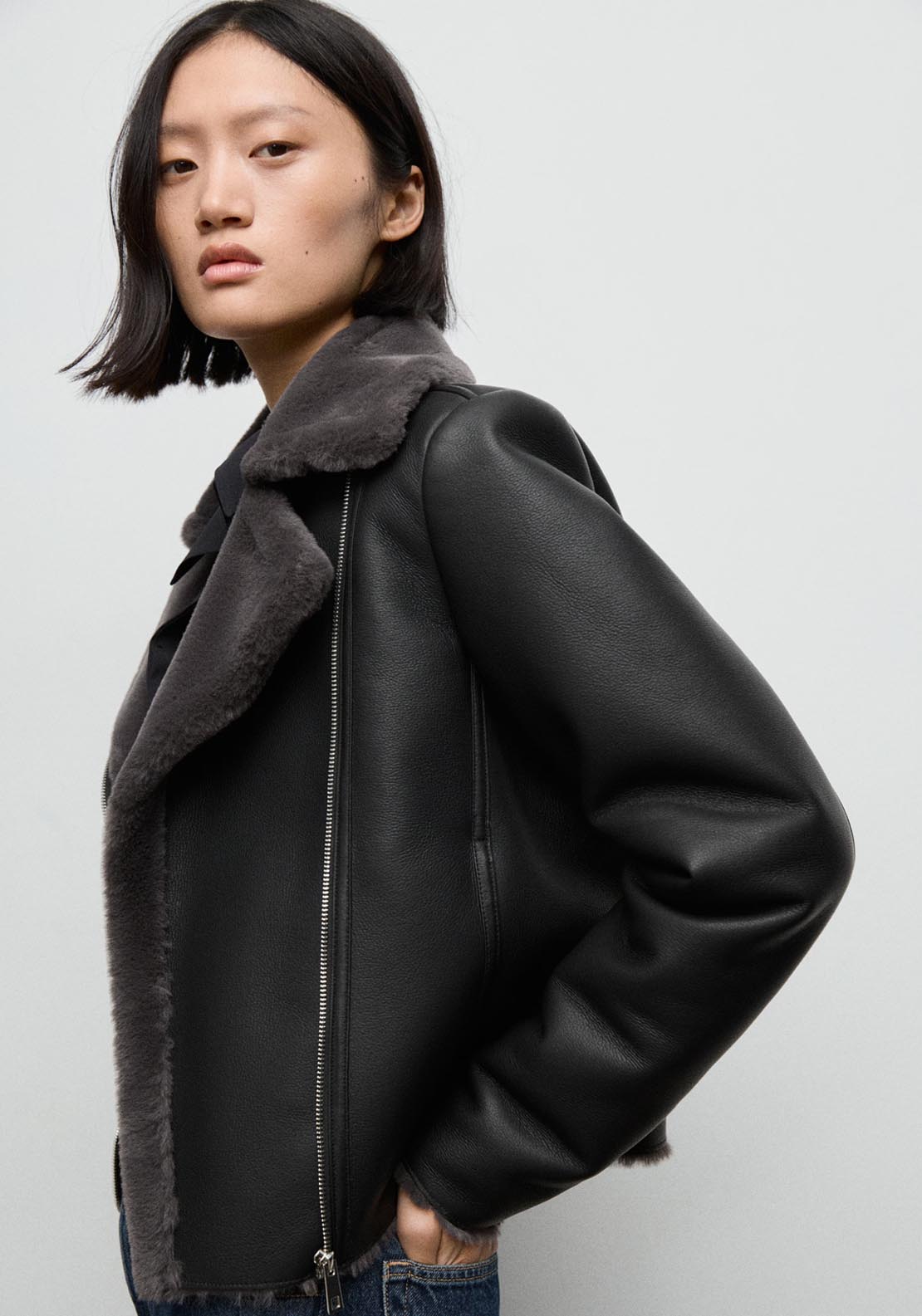 Mango Fur Effect Biker Jacket - Black 3 Shaws Department Stores