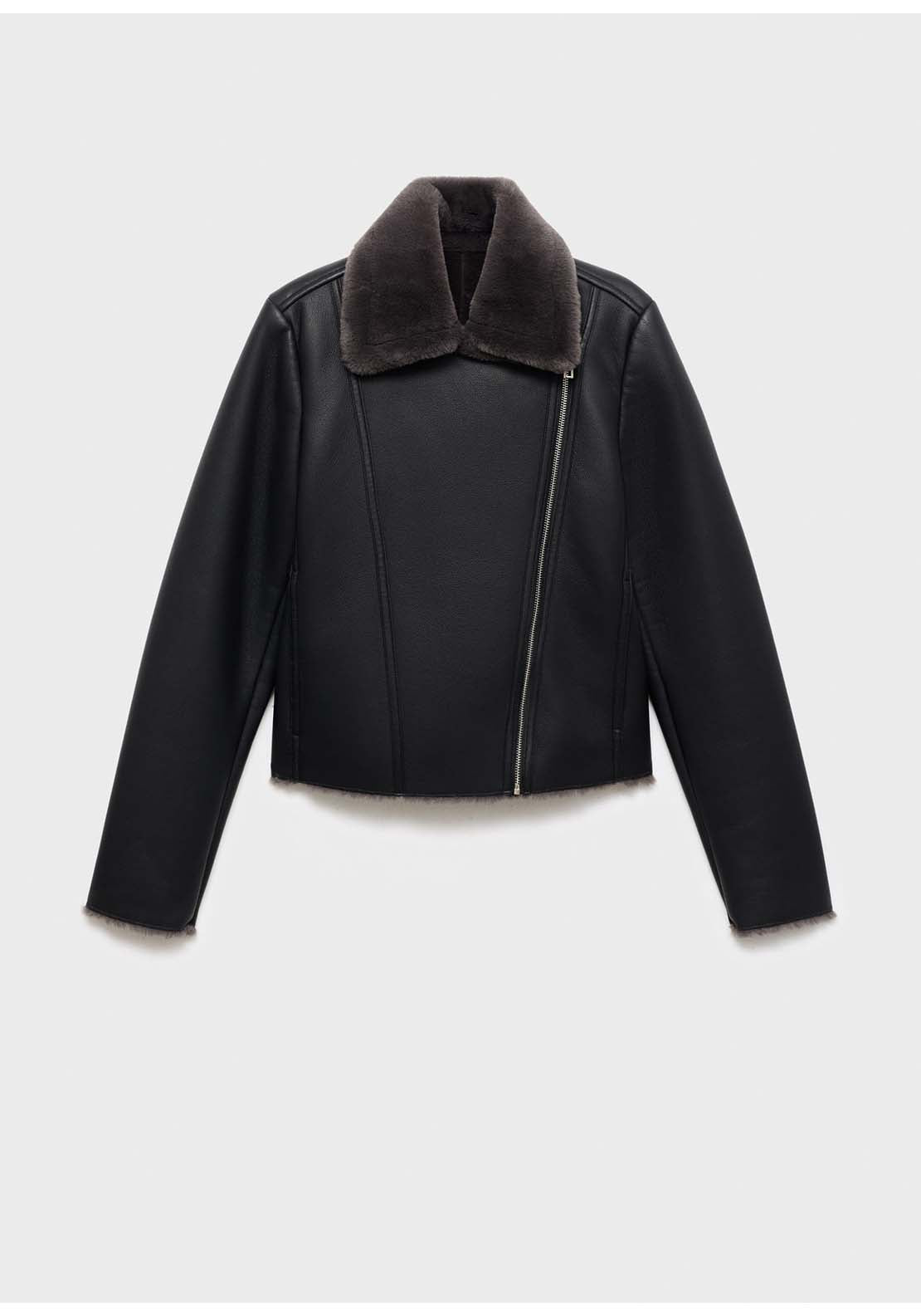 Fur Effect Biker Jacket - Black