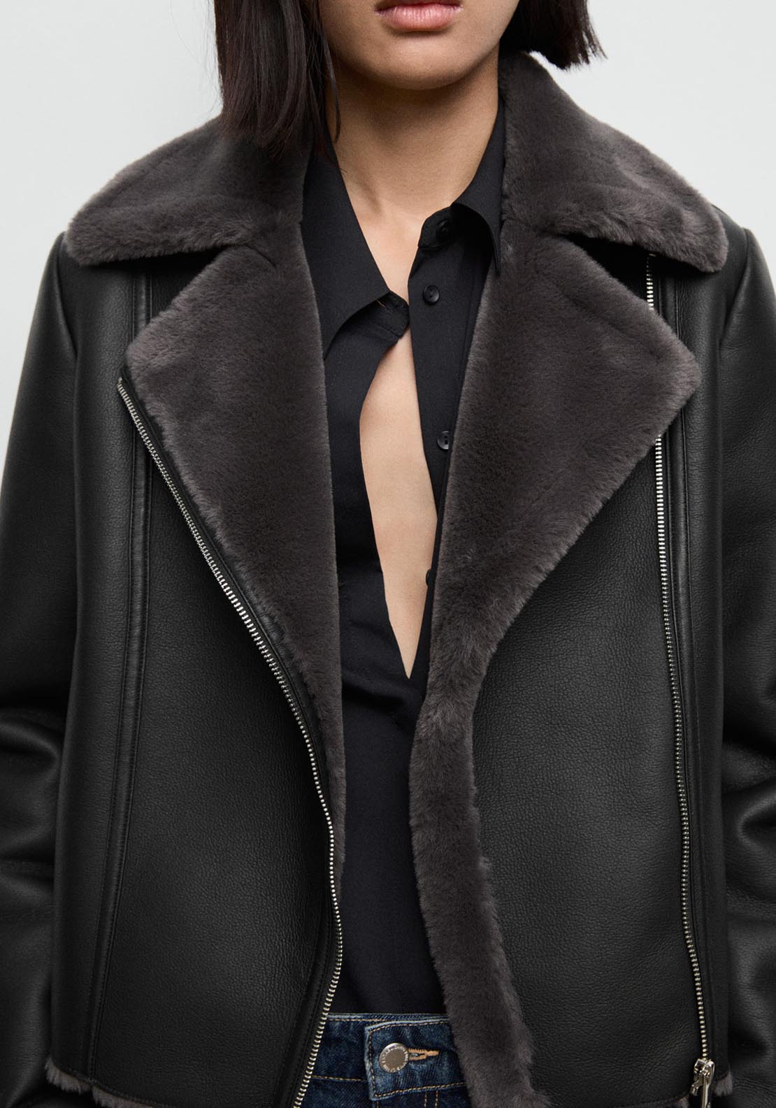 Mango Fur Effect Biker Jacket - Black 4 Shaws Department Stores