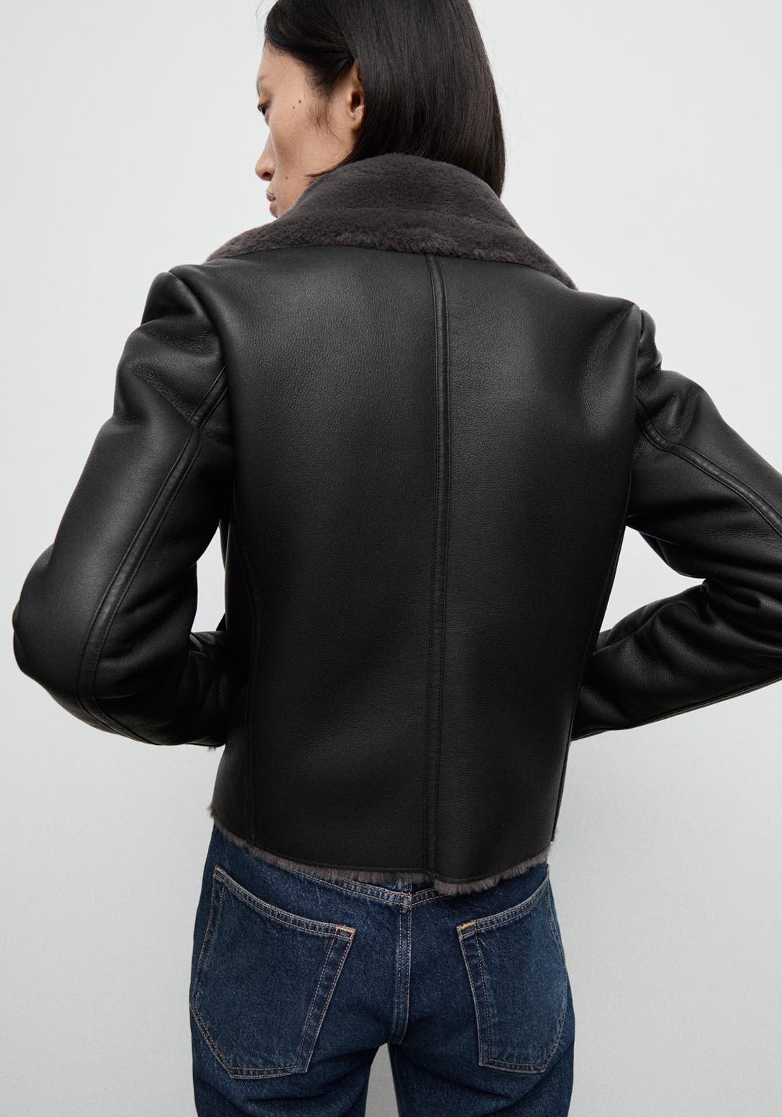 Mango Fur Effect Biker Jacket - Black 2 Shaws Department Stores