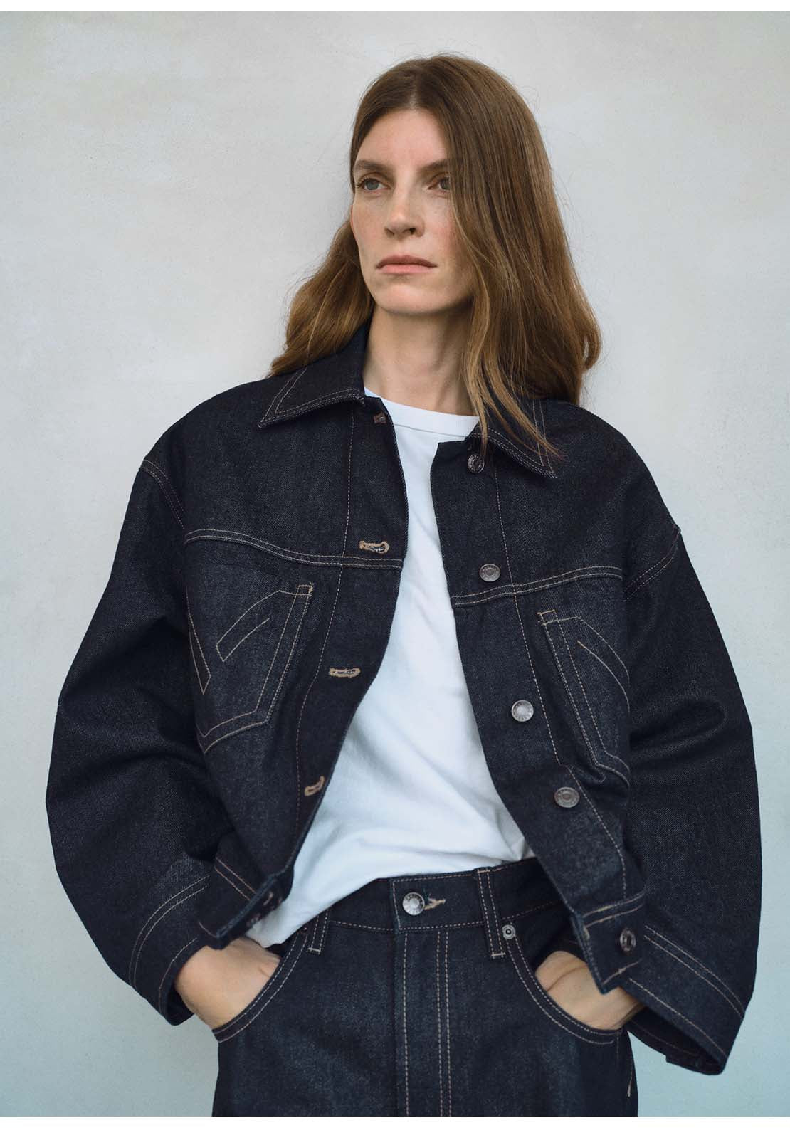Denim Jacket With Decorative Stitching - Blue