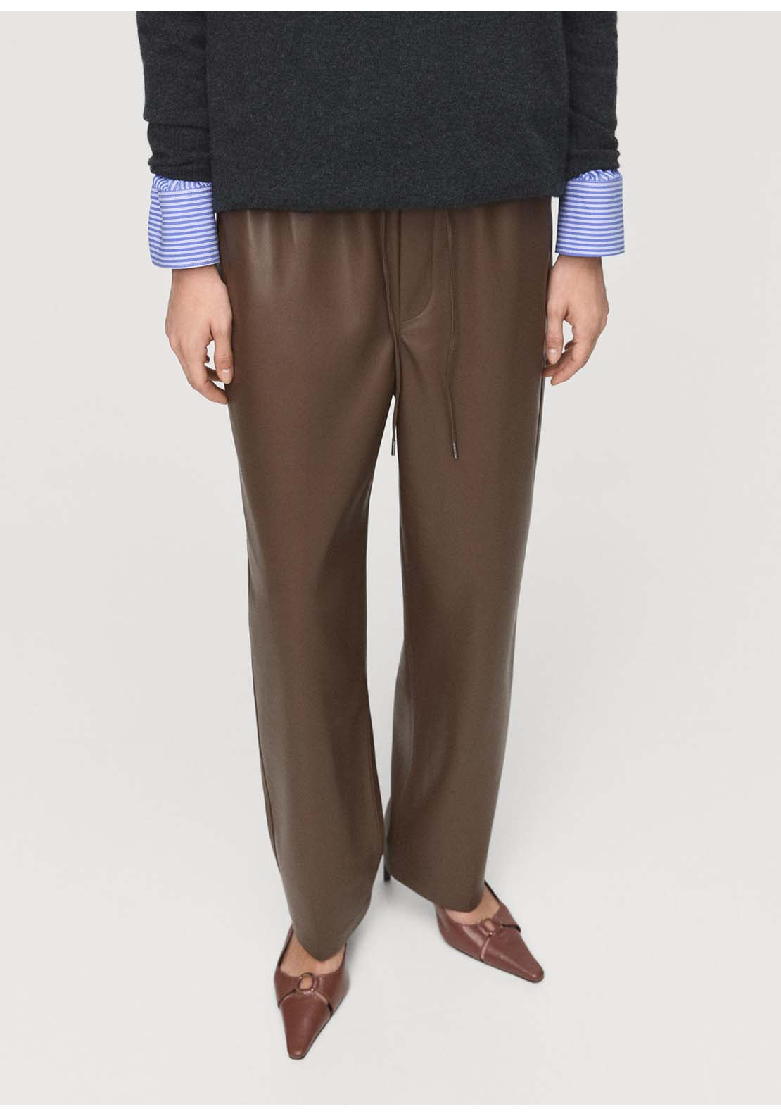 Leather Effect Elastic Waist Trousers - Brown