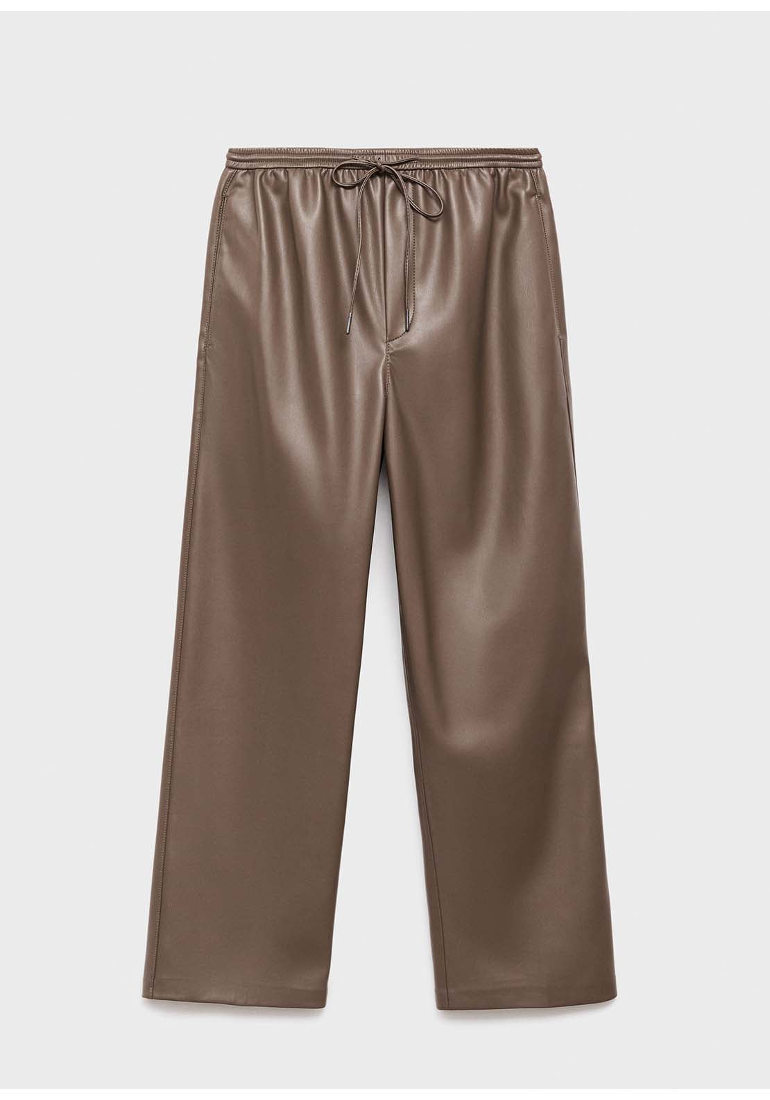 Leather Effect Elastic Waist Trousers - Brown