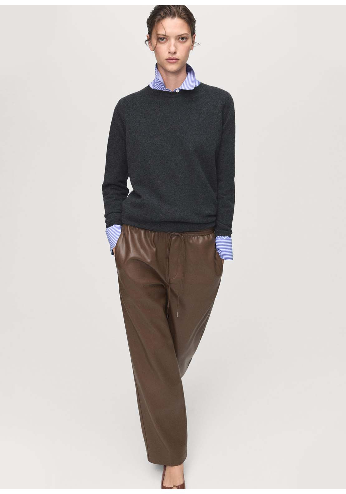 Leather Effect Elastic Waist Trousers - Brown