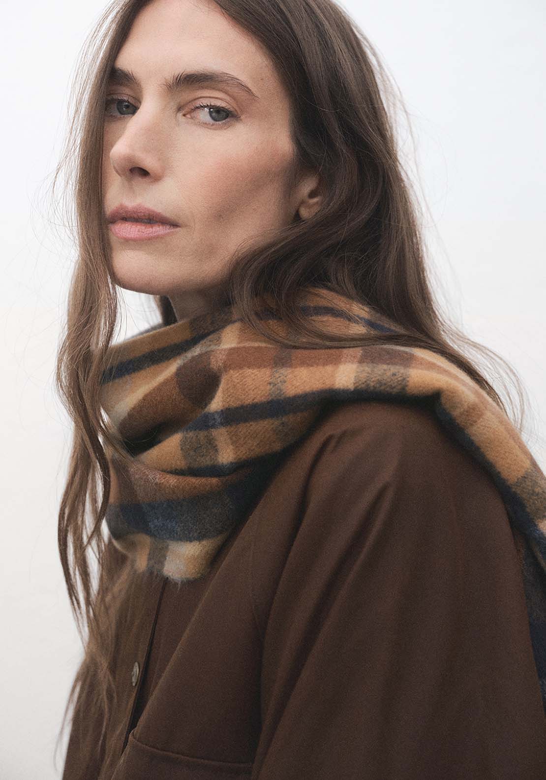 Check Scarf With Fringed Ends - Brown