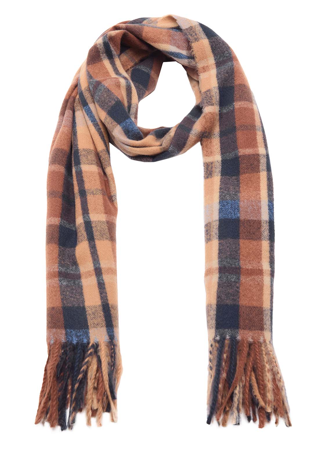 Check Scarf With Fringed Ends - Brown