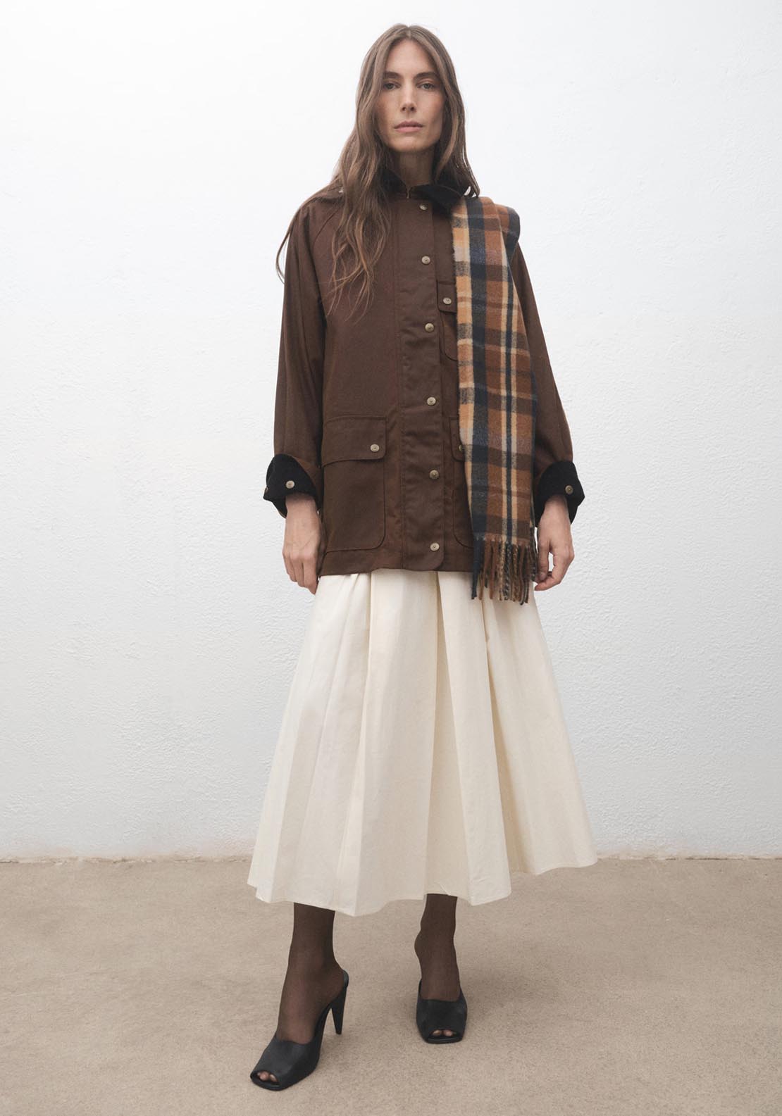 Mango Check Scarf With Fringed Ends - Brown 3 Shaws Department Stores