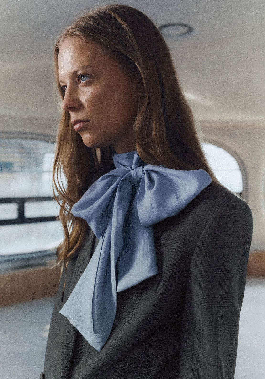 Textured Blouse With Foulard - Blue