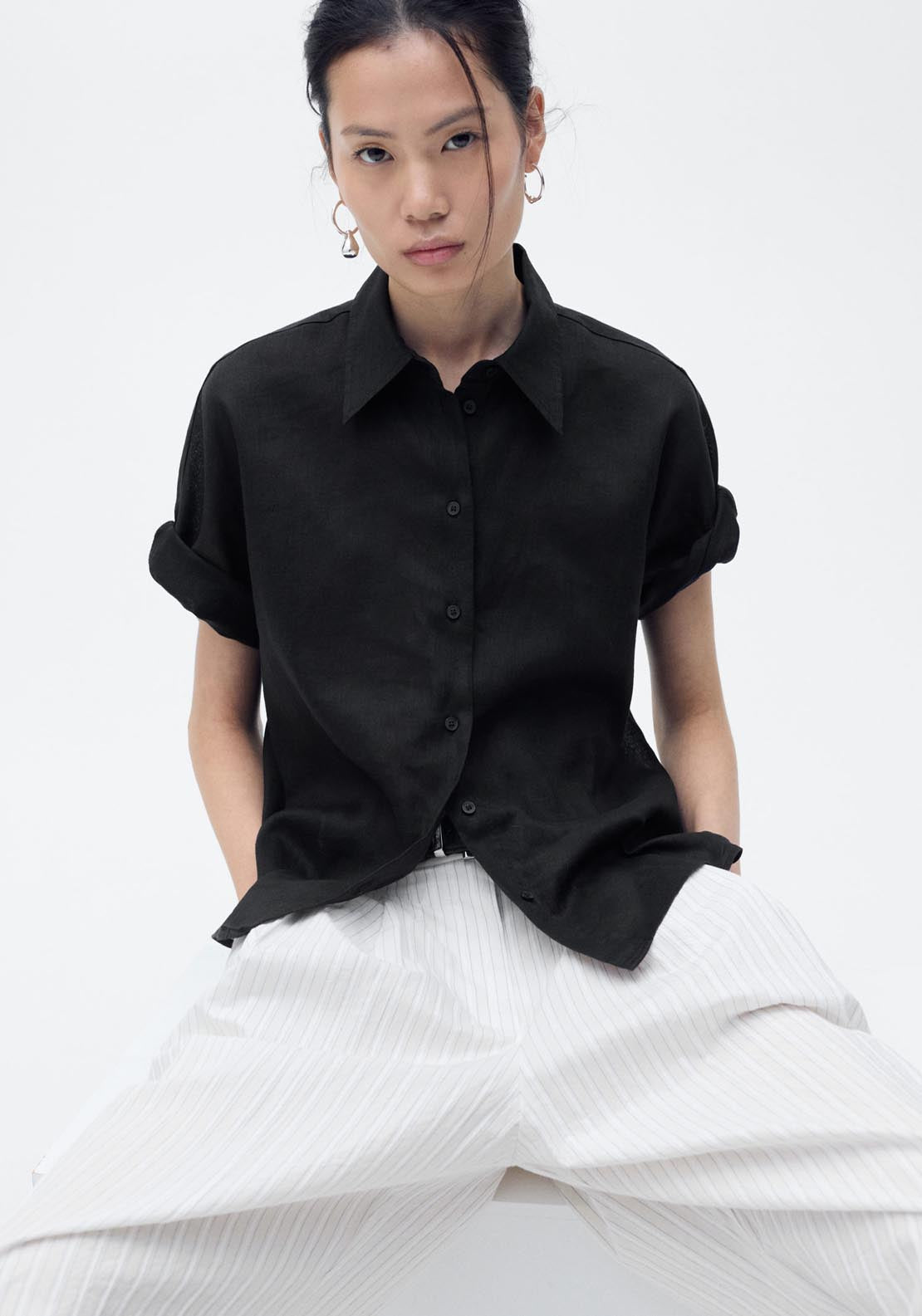 Mango Short Sleeve Linen Blend Shirt - Black 2 Shaws Department Stores