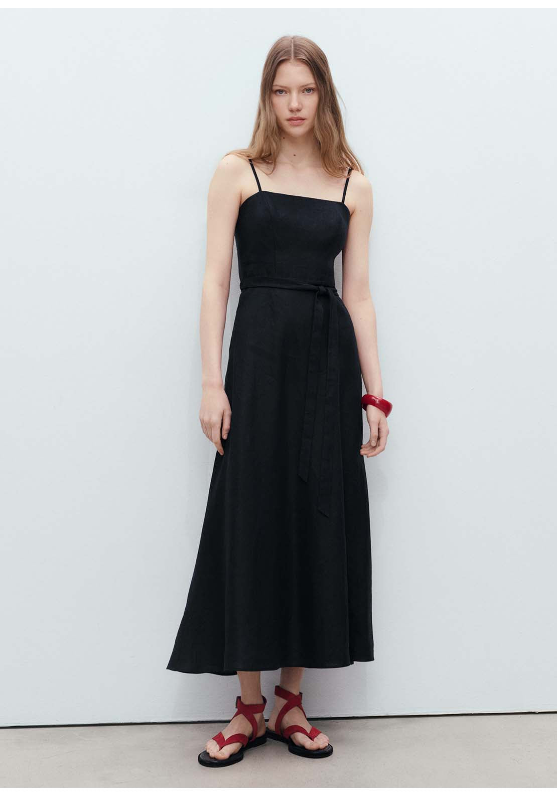 Bow Linen Blend Dress - Black