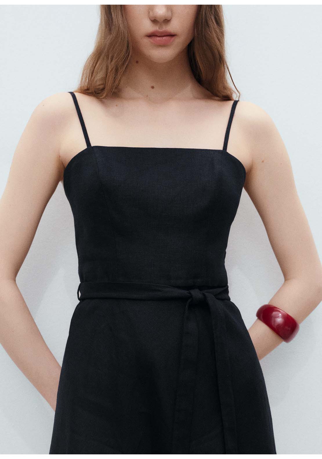Bow Linen Blend Dress - Black