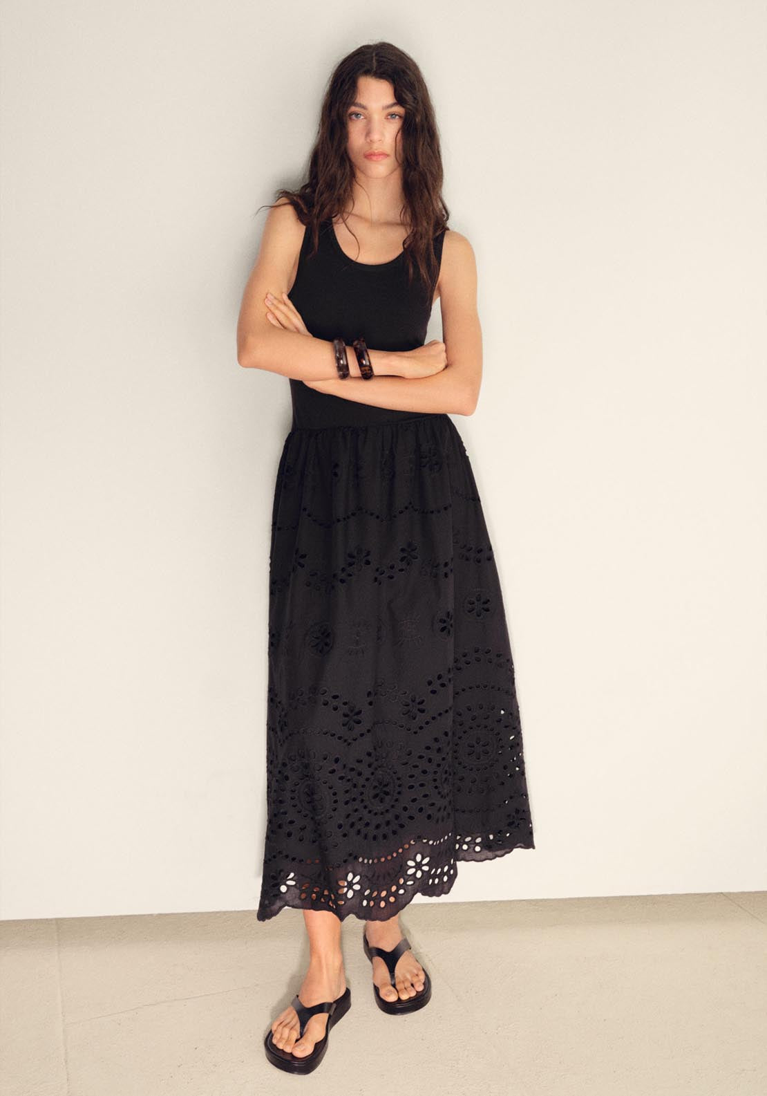 Cotton Dress With Openwork Embroidery - Black Cotton Dress With Openwork Embroidery - Black