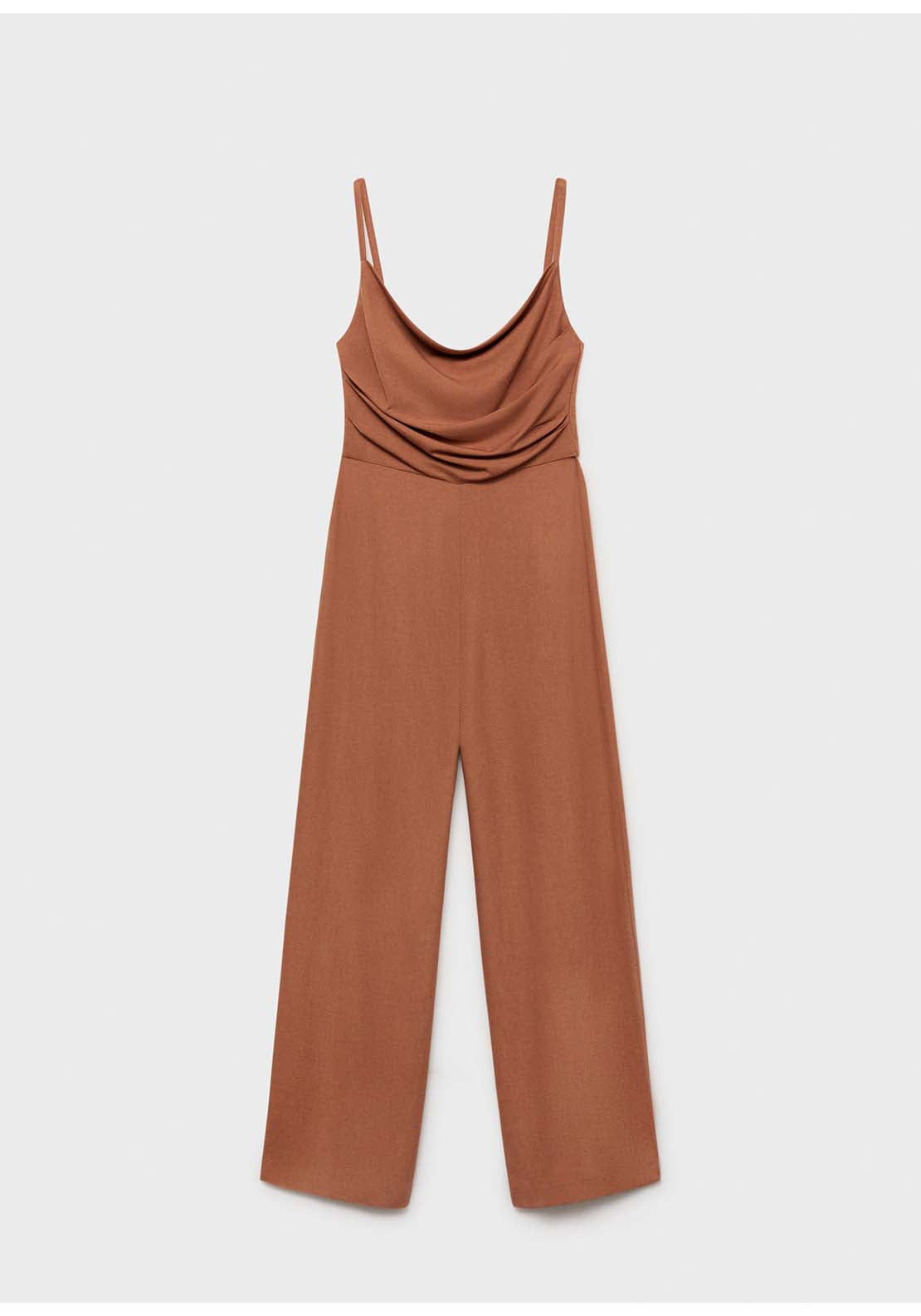 Long Jumpsuit With Draped Neckline - Brown