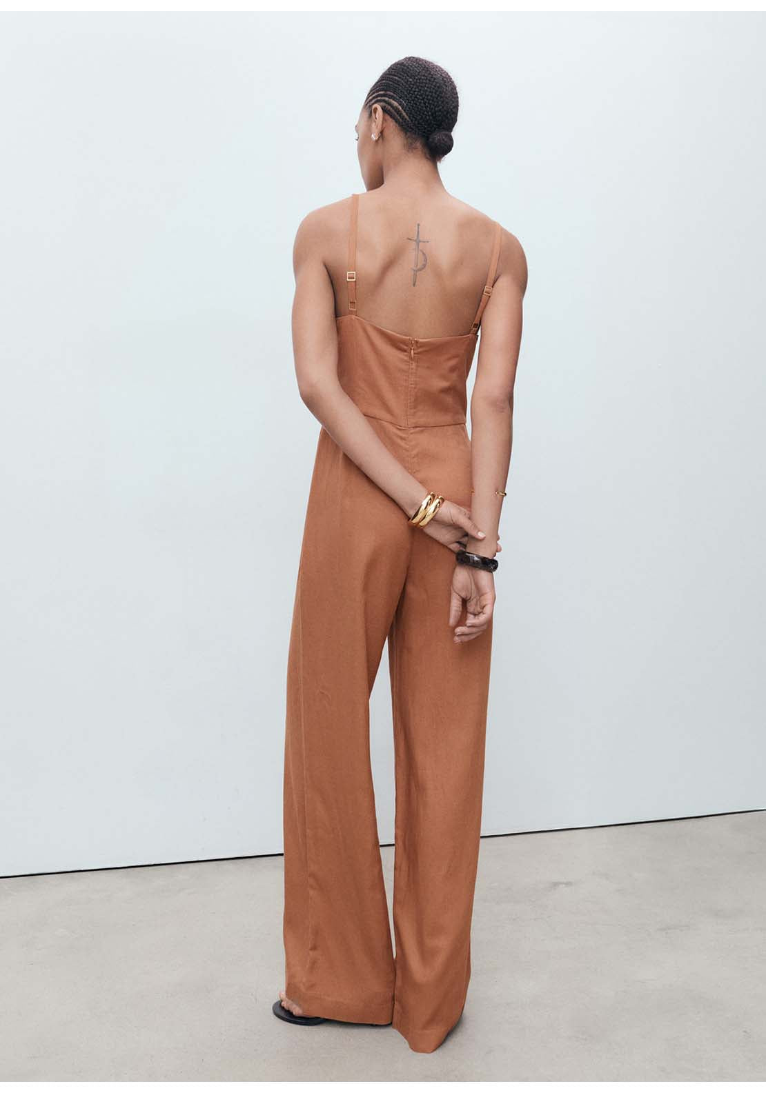 Long Jumpsuit With Draped Neckline - Brown