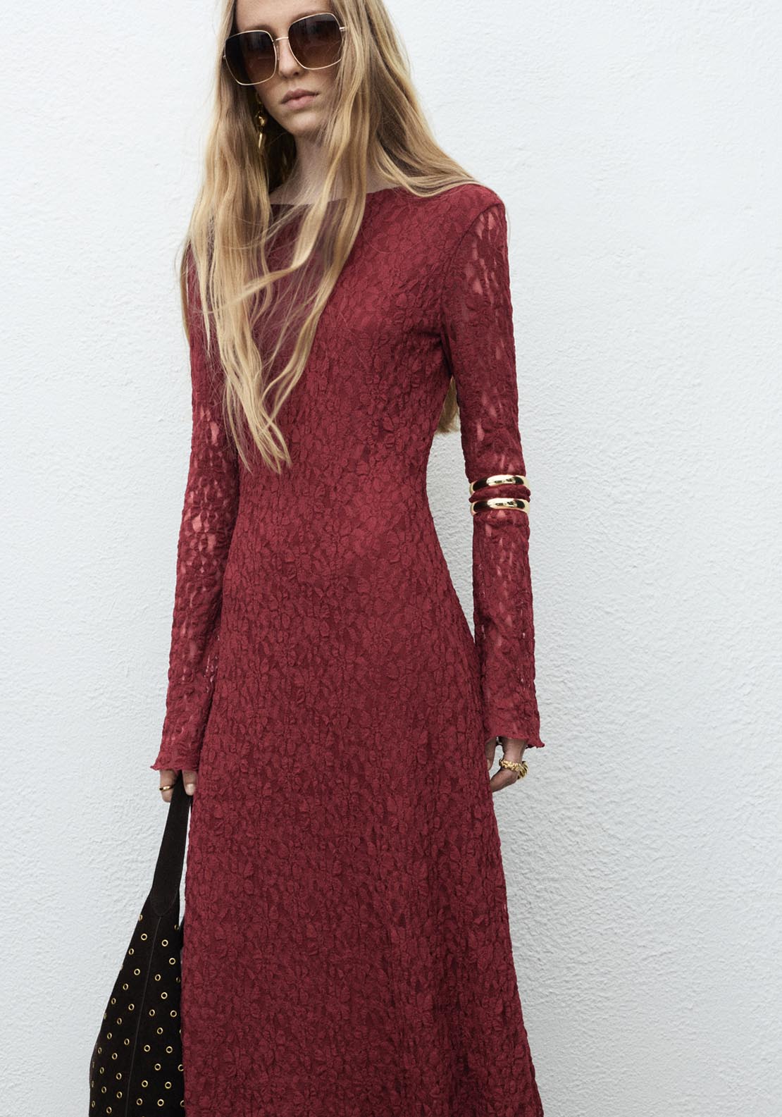 Mango Lace Dress With Bell Sleeves - Red 3 Shaws Department Stores