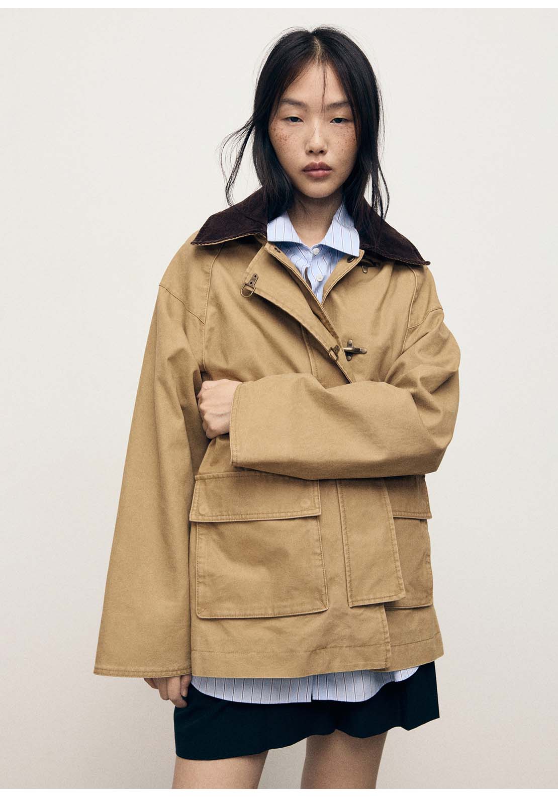 Cotton Parka With Contrasting Collar - Brown