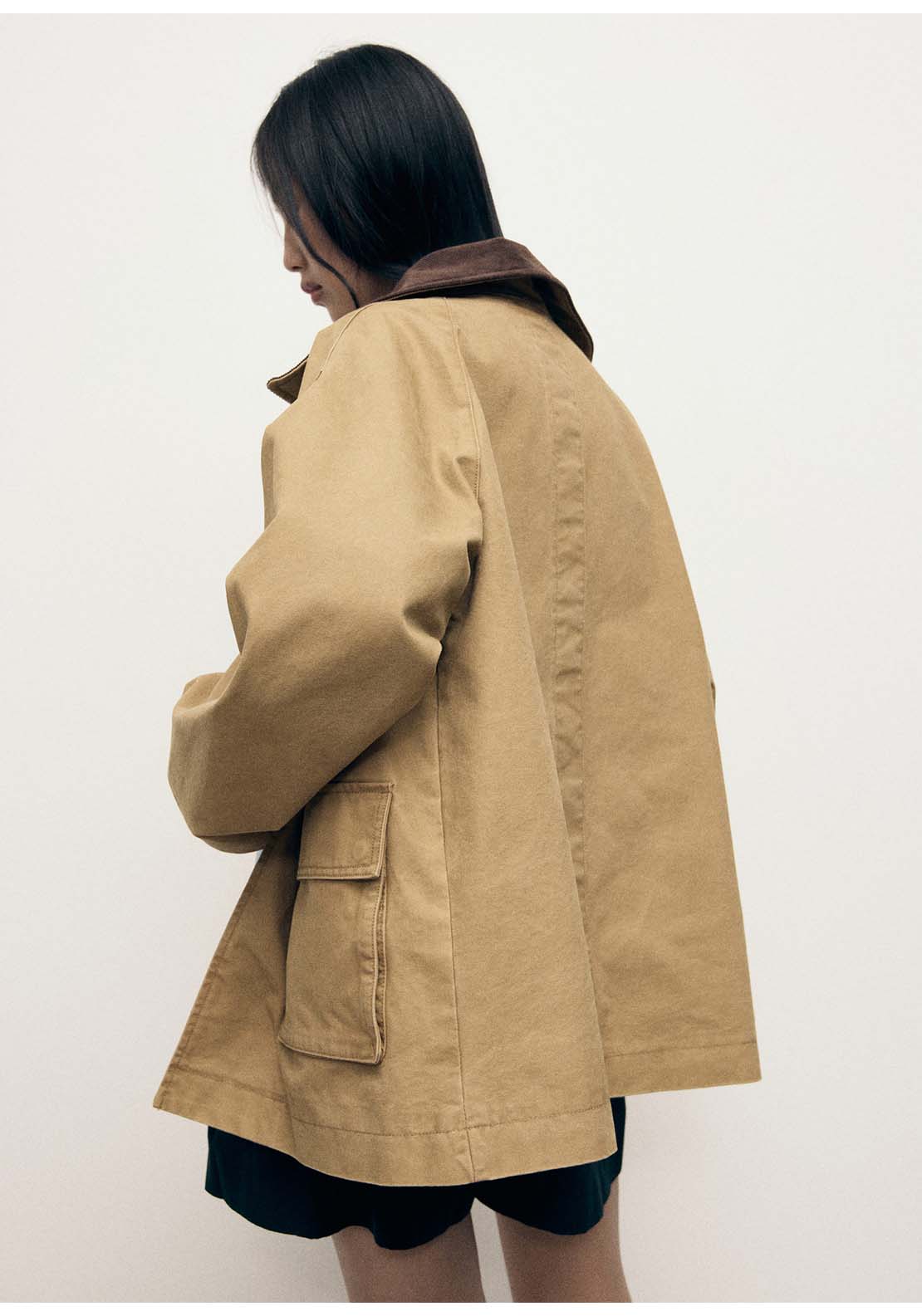 Cotton Parka With Contrasting Collar - Brown