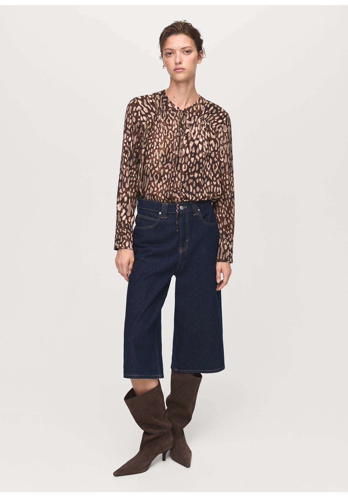 Leopard Satin Blouse With Bow - Brown