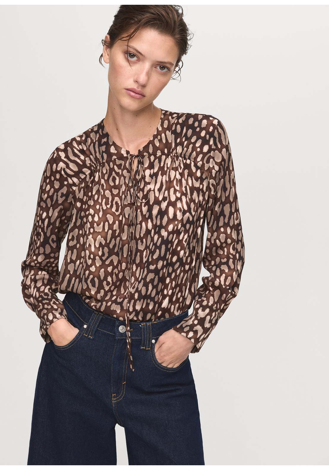 Leopard Satin Blouse With Bow - Brown