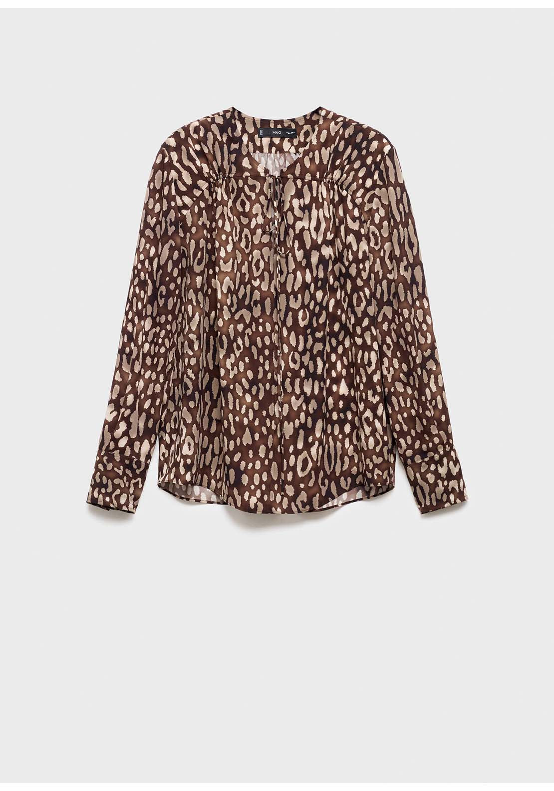 Leopard Satin Blouse With Bow - Brown