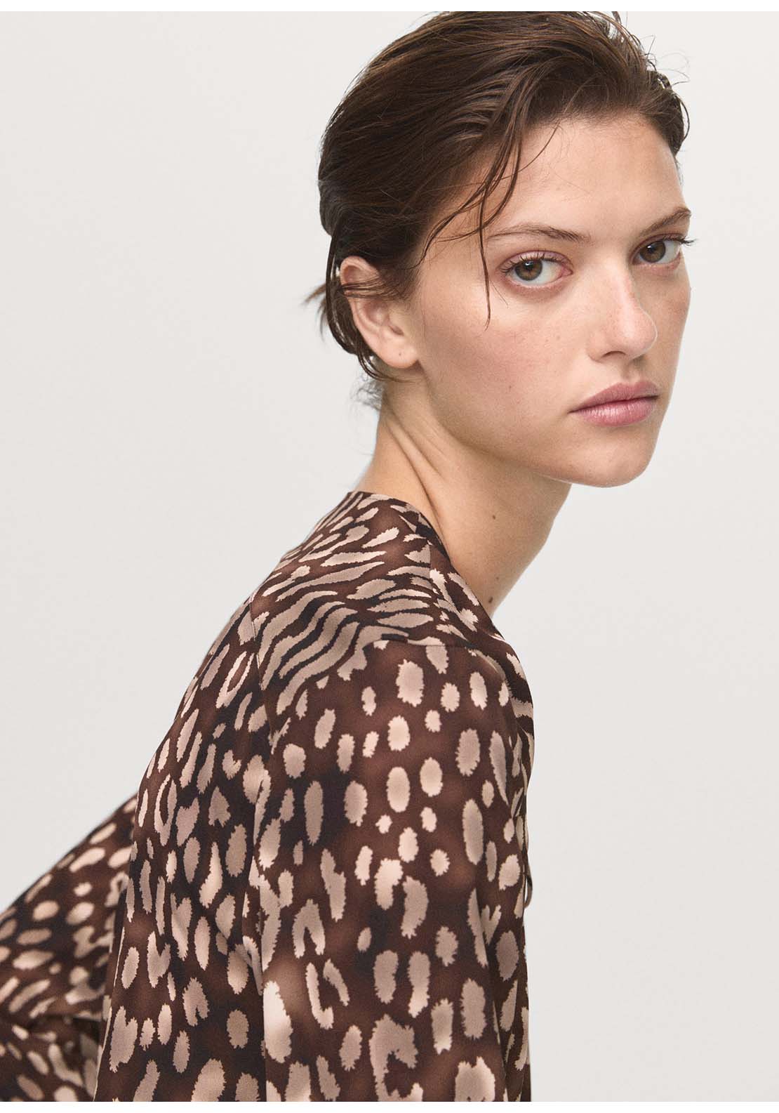 Leopard Satin Blouse With Bow - Brown