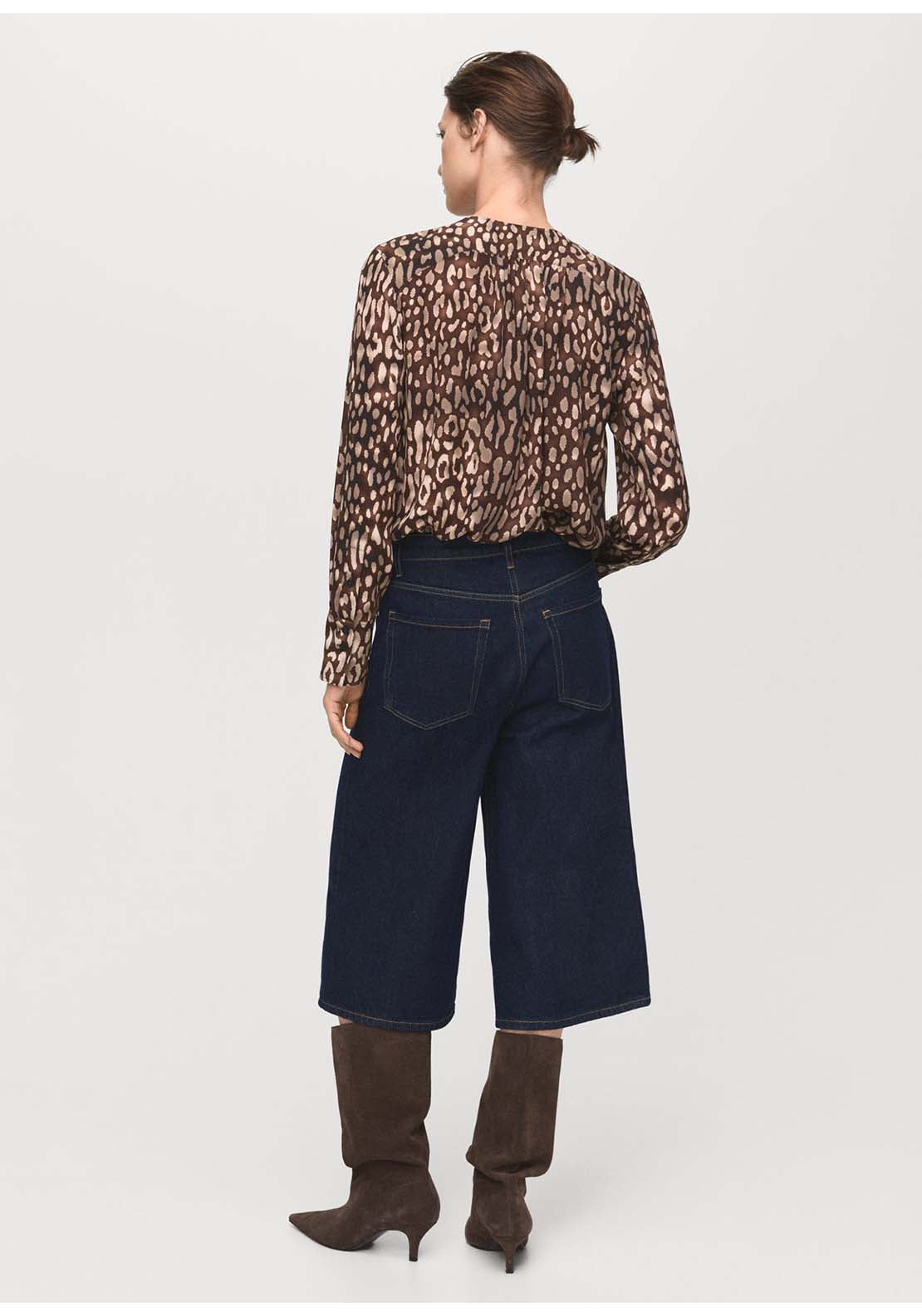 Leopard Satin Blouse With Bow - Brown
