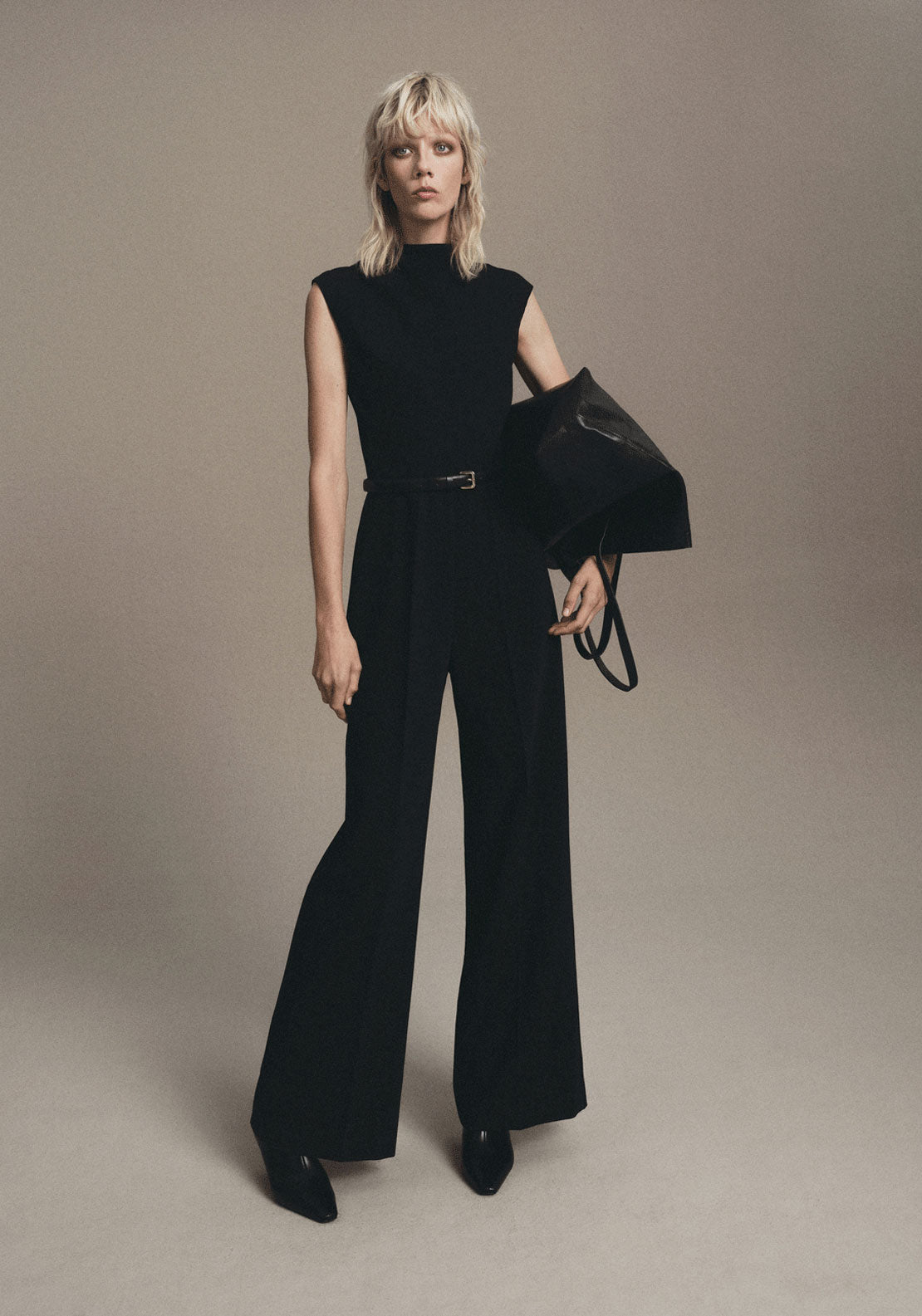 Jumpsuit With Draped Neck And Belt - Black