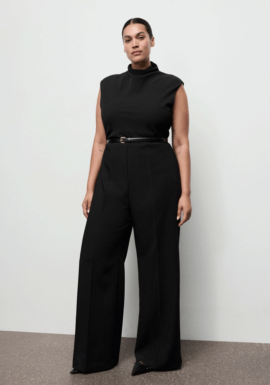 Jumpsuit With Draped Neck And Belt - Black