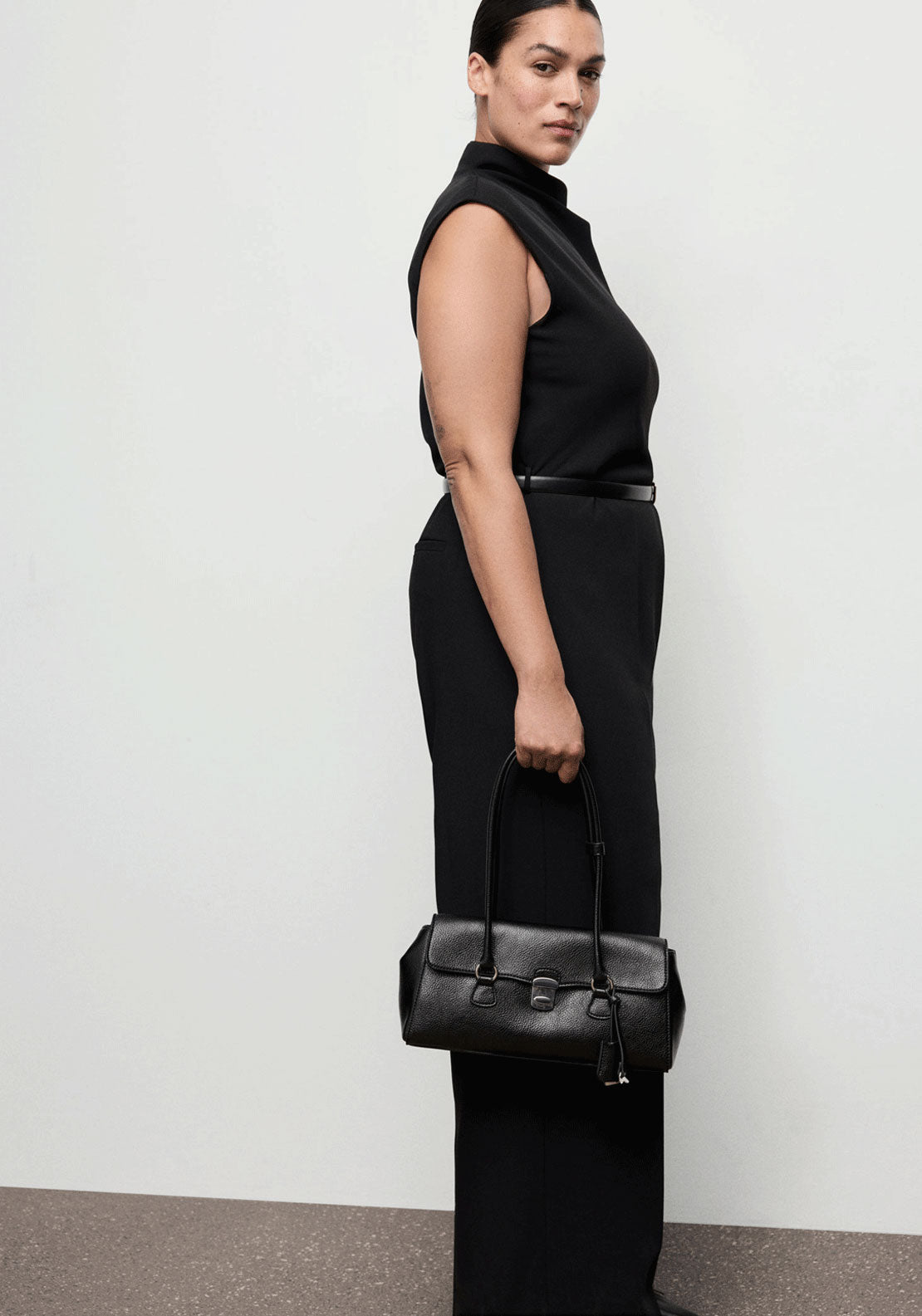 Jumpsuit With Draped Neck And Belt - Black