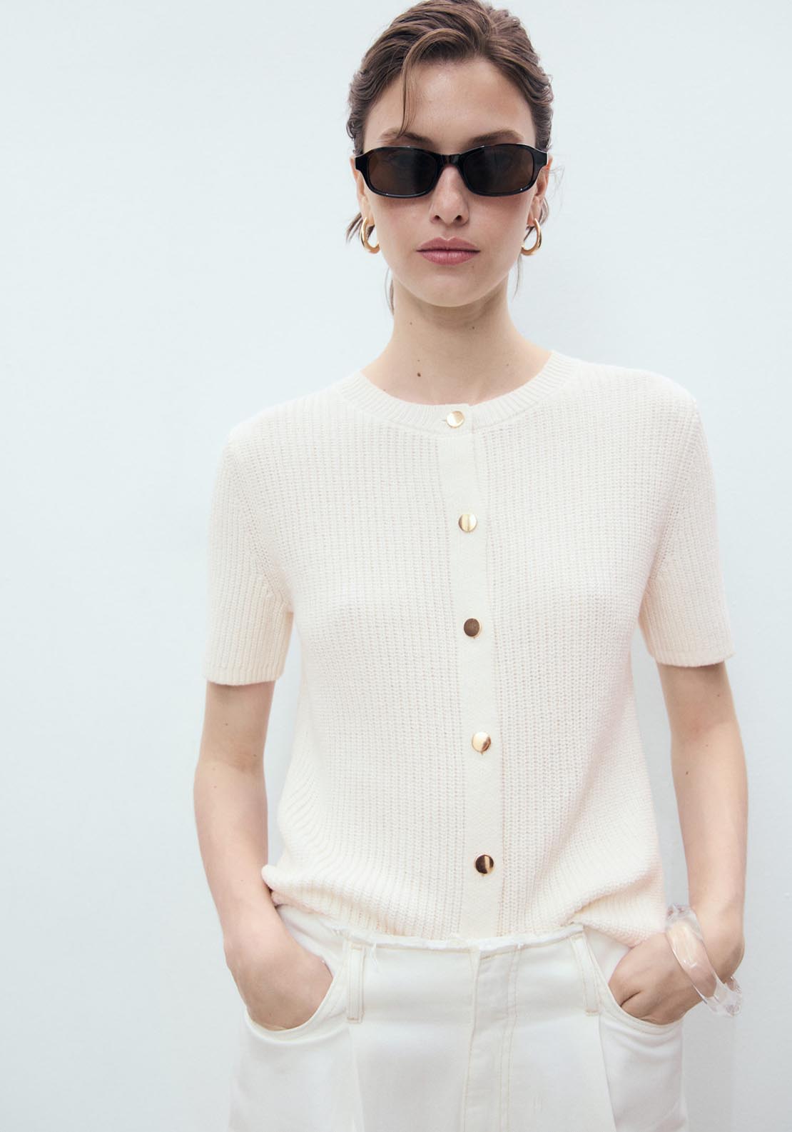 Mango Short Sleeved Knitted Cardigan - Light Beige 1 Shaws Department Stores