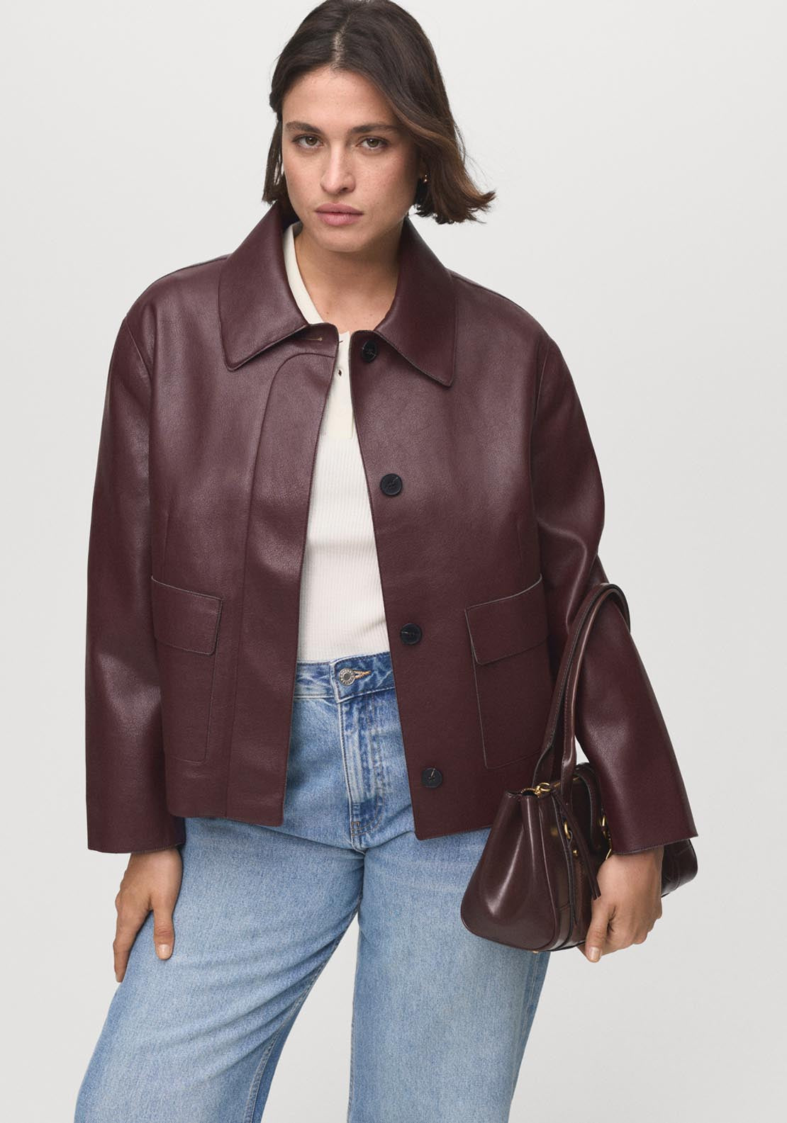 Mango Leather Effect Jacket With Pockets - Red 1 Shaws Department Stores
