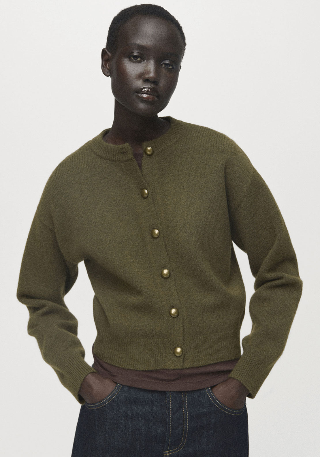 Chunky Knit Cardigan With Buttons - Beige / Green
