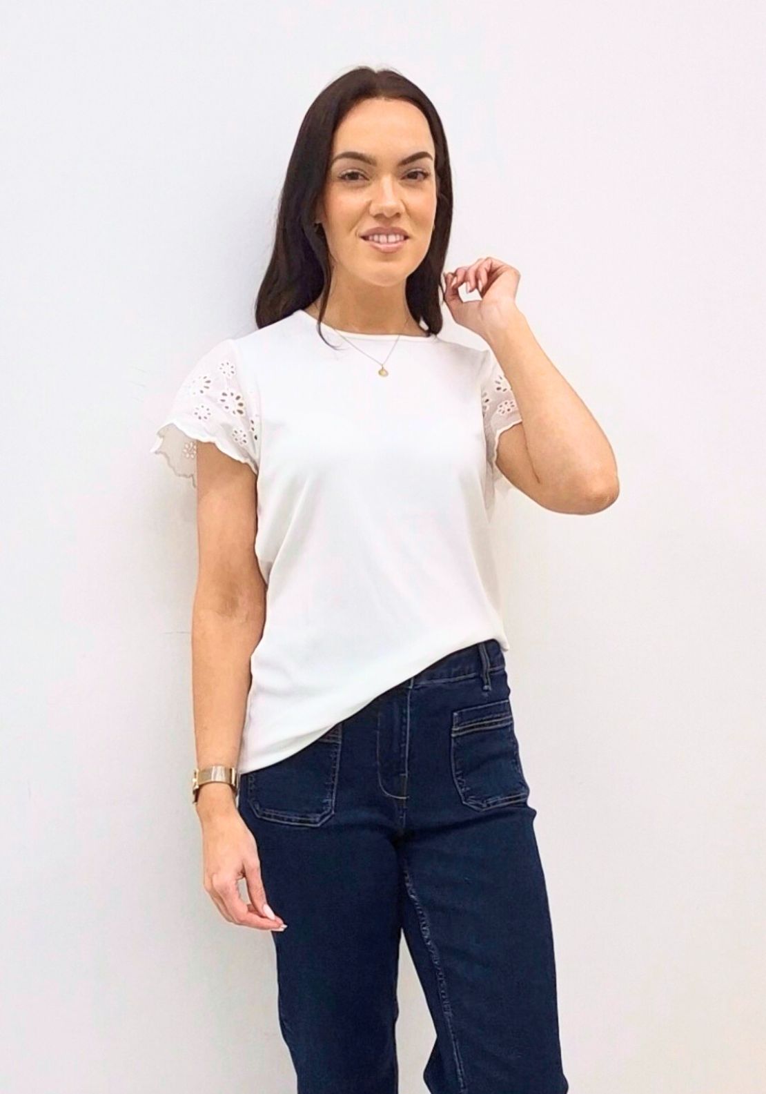 Naoise Short Sleeve Broderie Anglaise Top - White 1 Shaws Department Stores