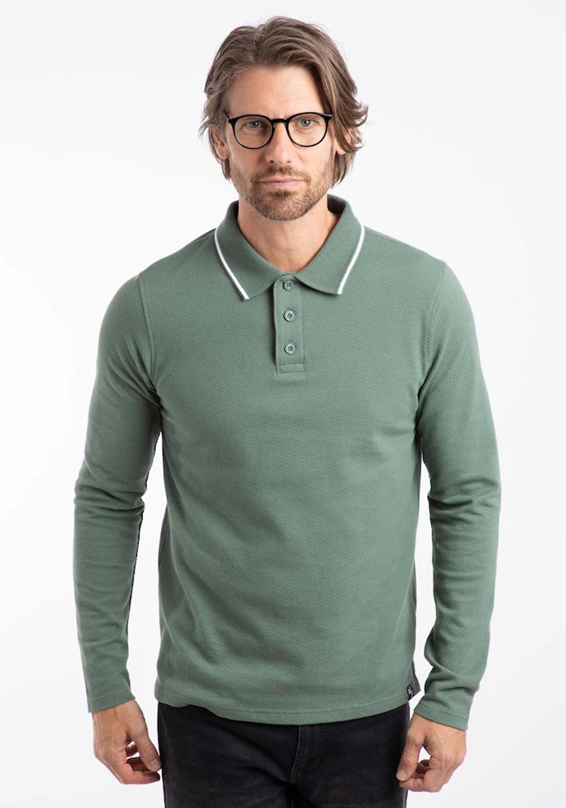 Weird Fish Theo Textured Long Sleeve Polo - Army Green 1 Shaws Department Stores