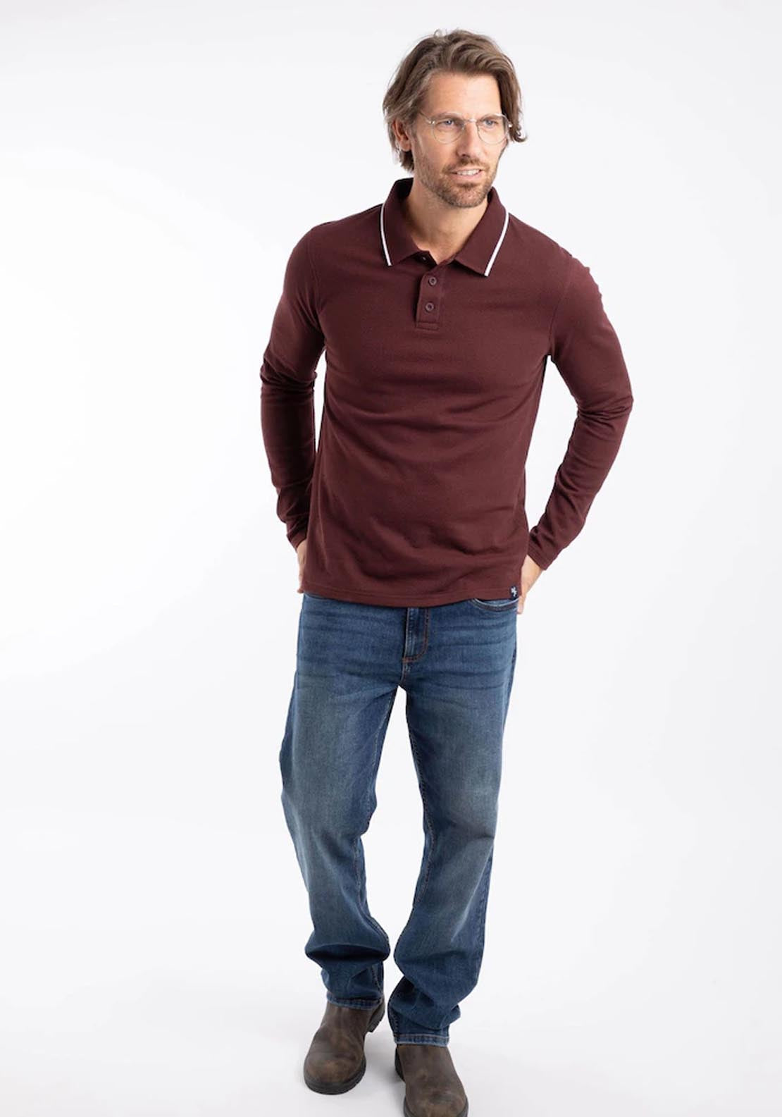 Weird Fish Theo Textured Long Sleeve Polo - Bitter Chocolate 5 Shaws Department Stores