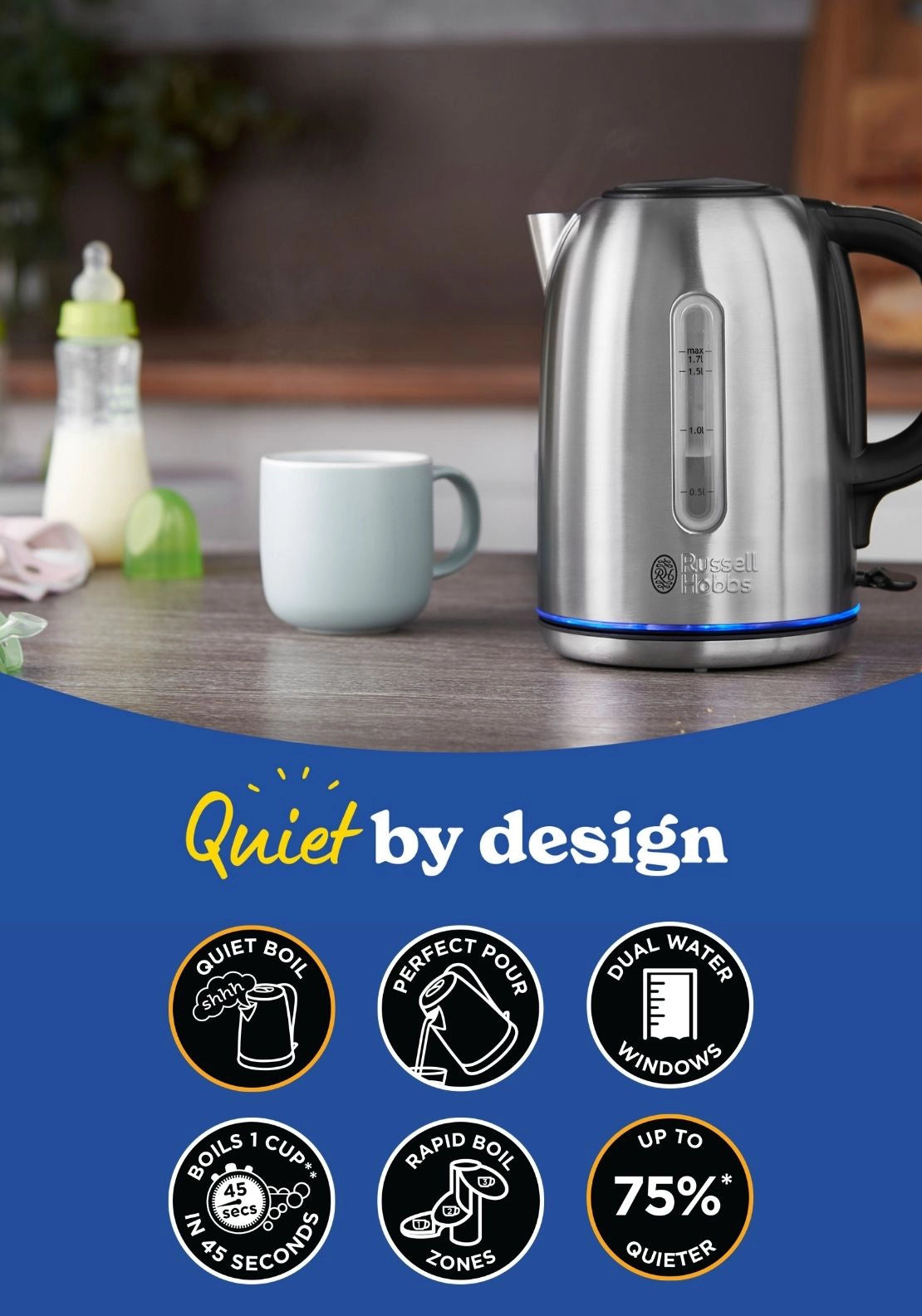Russell Hobbs Quiet Boil Kettle - Steel 7 Shaws Department Stores