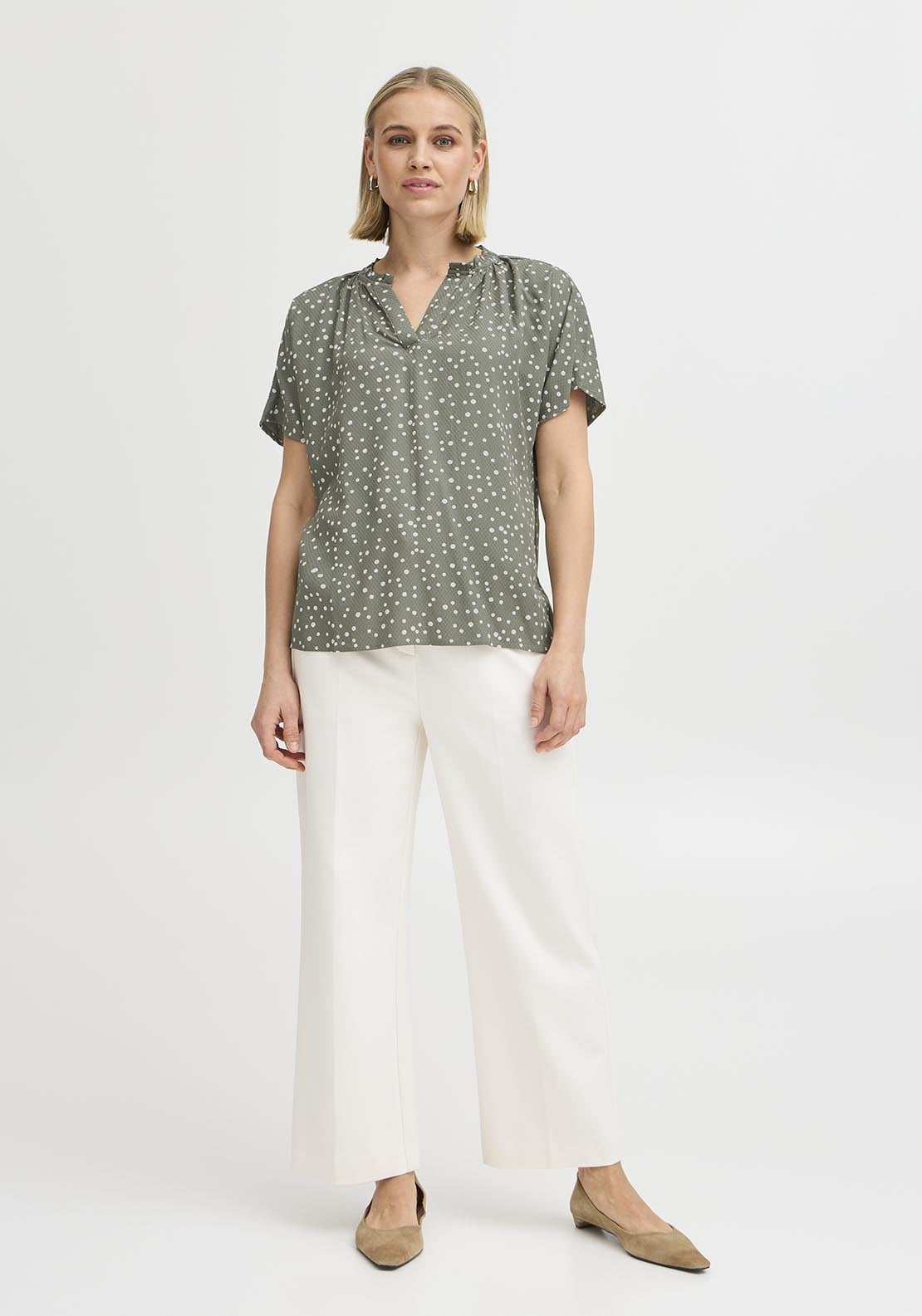 Fransa Casual Cap Sleeve Blouse - Agave Green Mix 1 Shaws Department Stores