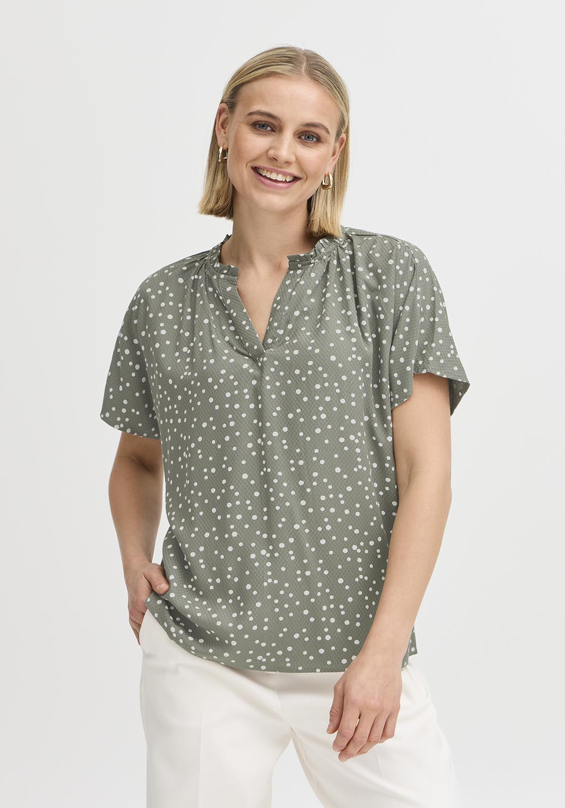 Fransa Casual Cap Sleeve Blouse - Agave Green Mix 2 Shaws Department Stores