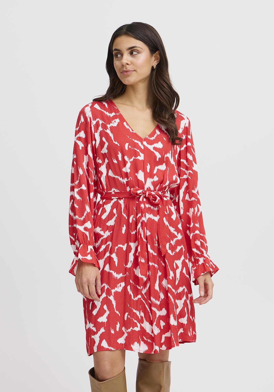 Fransa Casual Long Sleeve Light Woven Dress - Red 3 Shaws Department Stores
