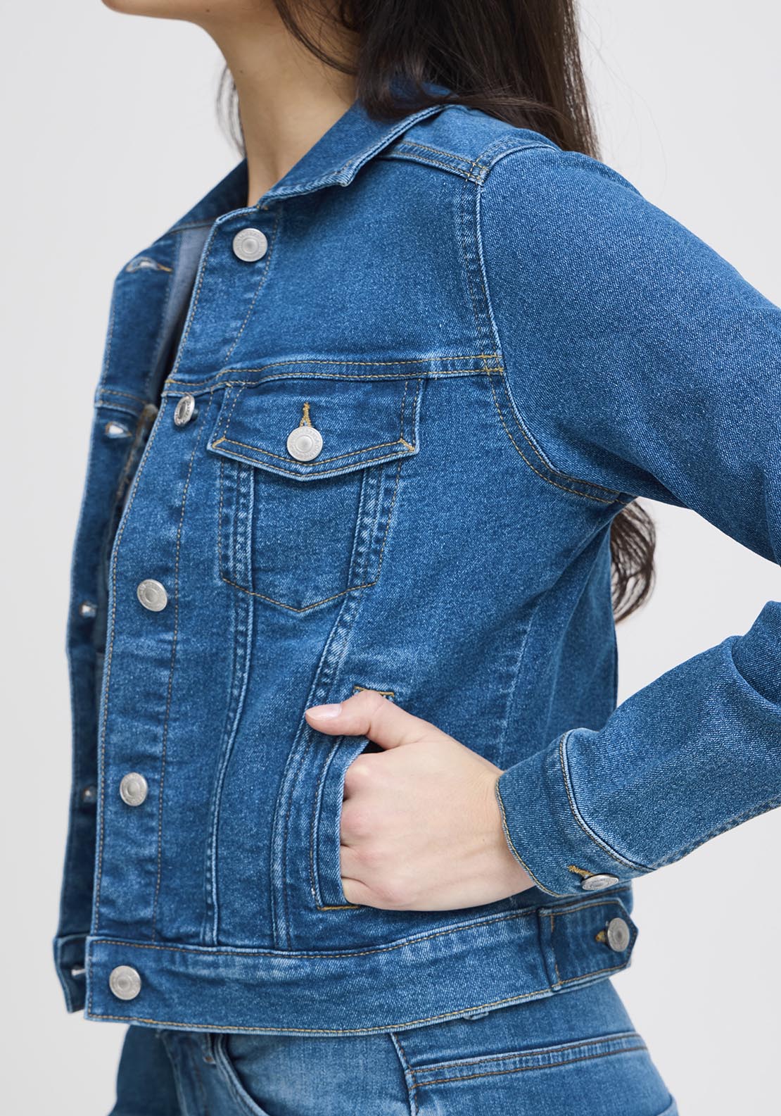 Fransa Casual Long Sleeve Denim Jacket - Mid Blue Denim 7 Shaws Department Stores